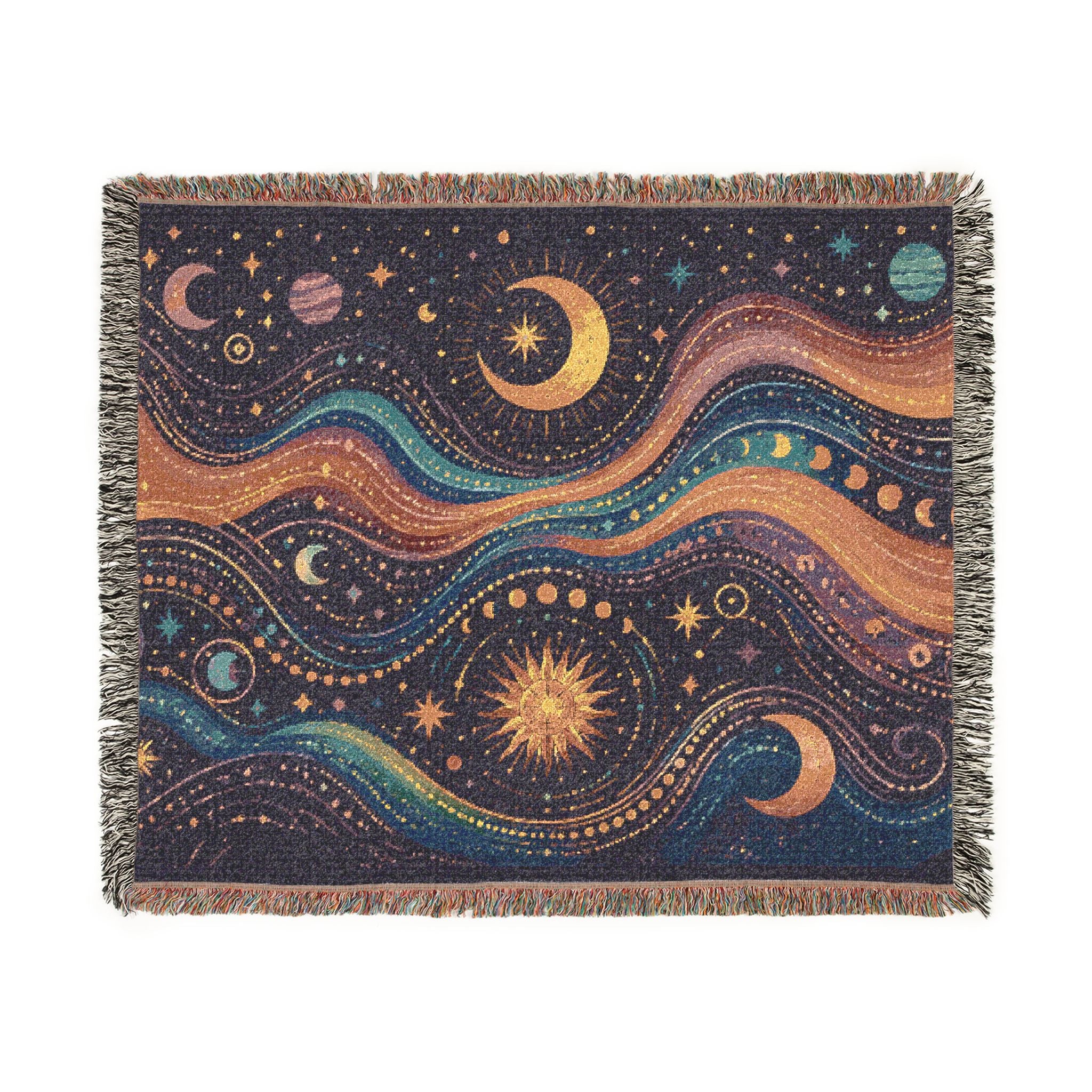 Celestial Waves Woven Blanket | Moon Stars Tapestry Throw