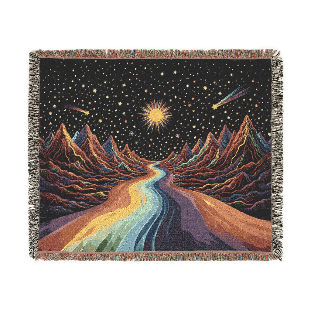 Cosmic Rainbow River Woven Blanket | Starry Night Mountain Tapestry Throw