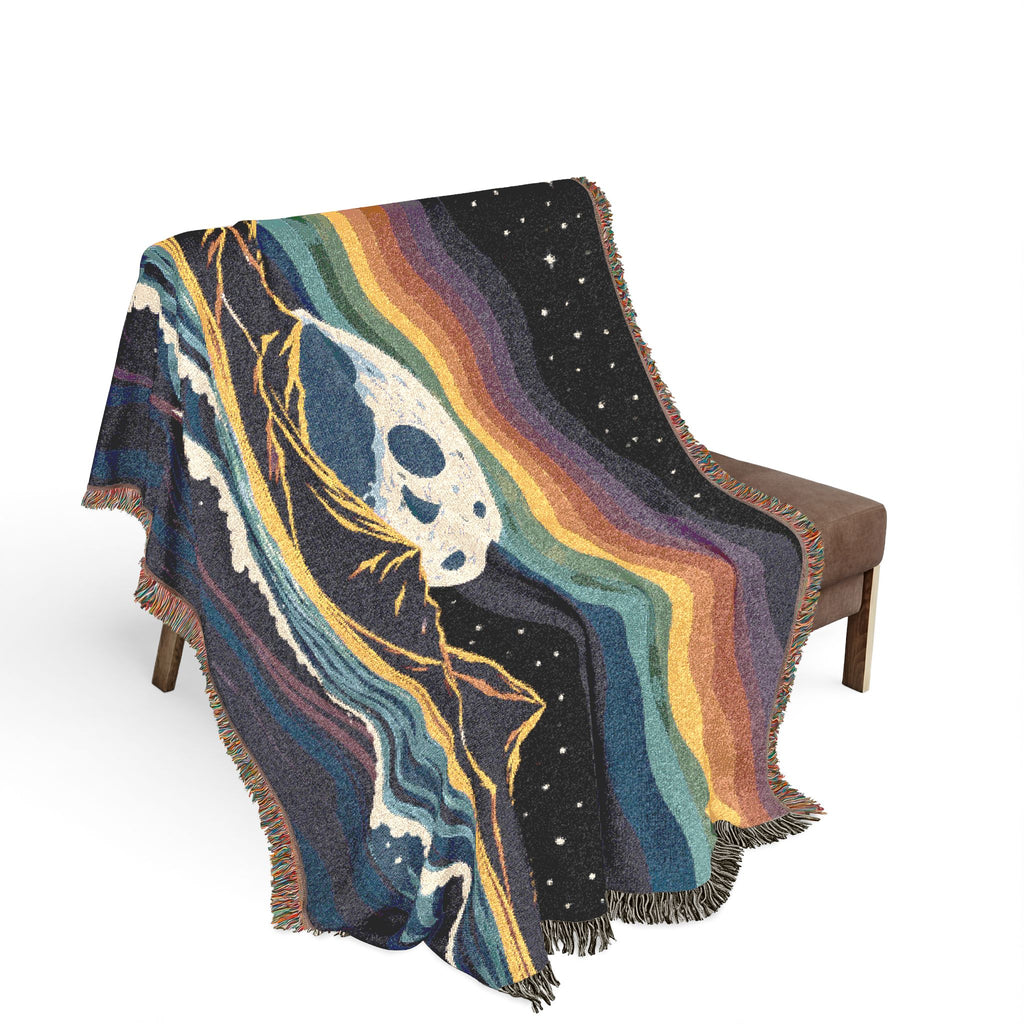 Rainbow Moon Landscape Woven Blanket | Mountain Night Sky Tapestry