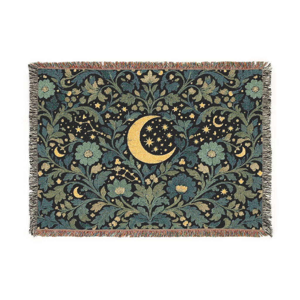 Crescent Moon Floral Woven Blanket | Starry Night Tapestry Throw