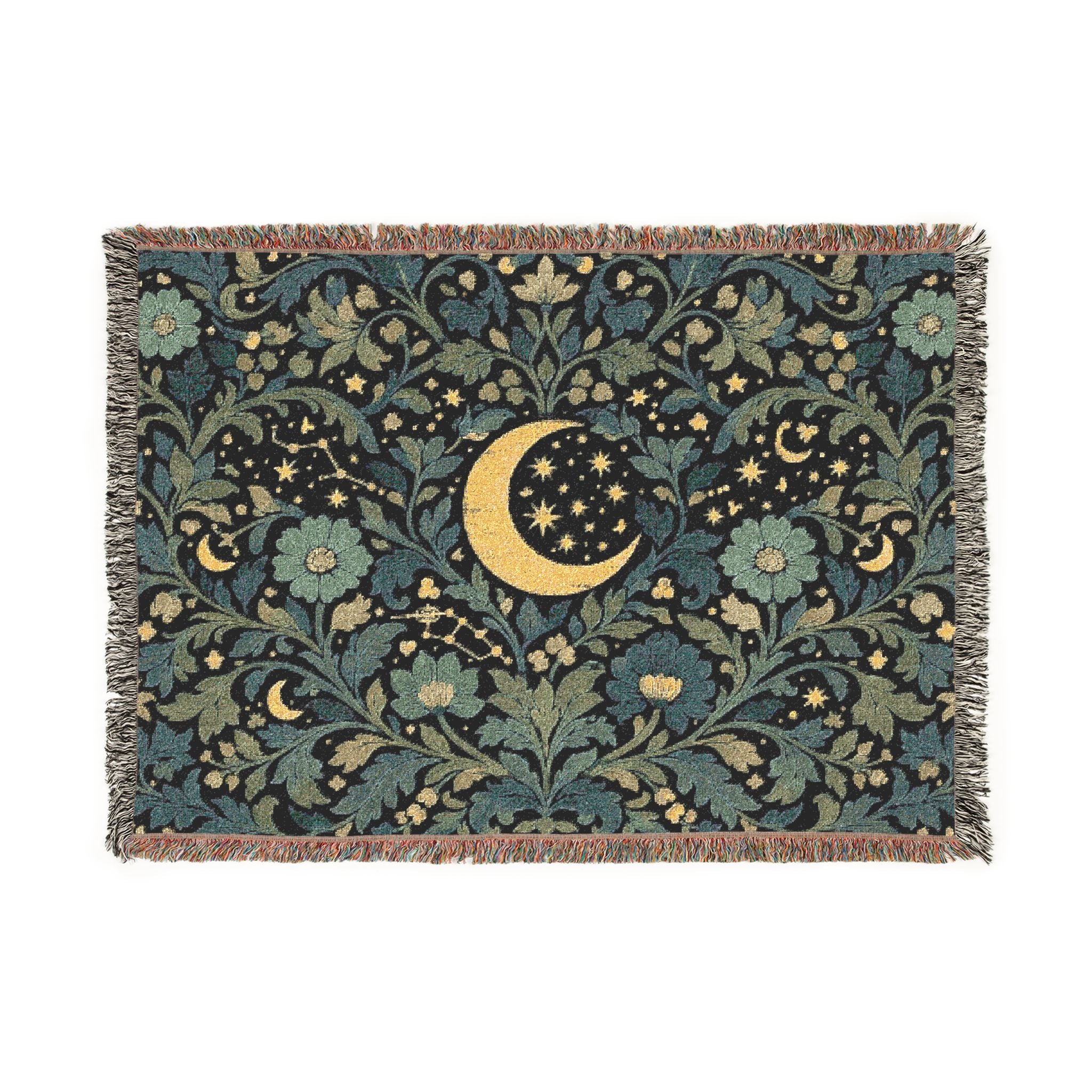Crescent Moon Floral Woven Blanket | Starry Night Tapestry Throw