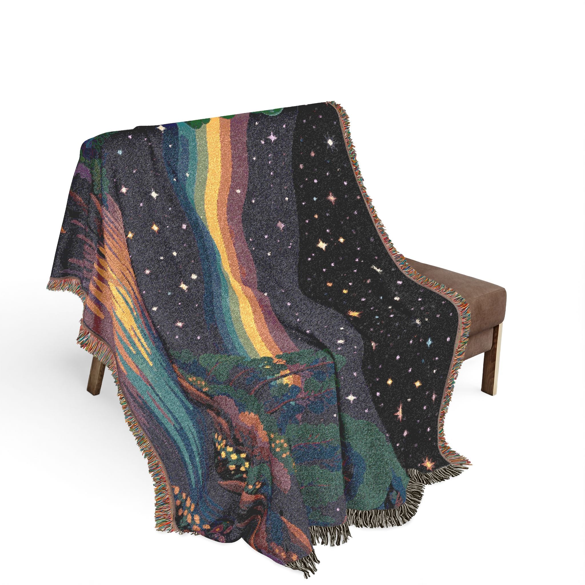 Pixel Rainbow Nightscape Woven Blanket | Starry Lake Scenic Throw