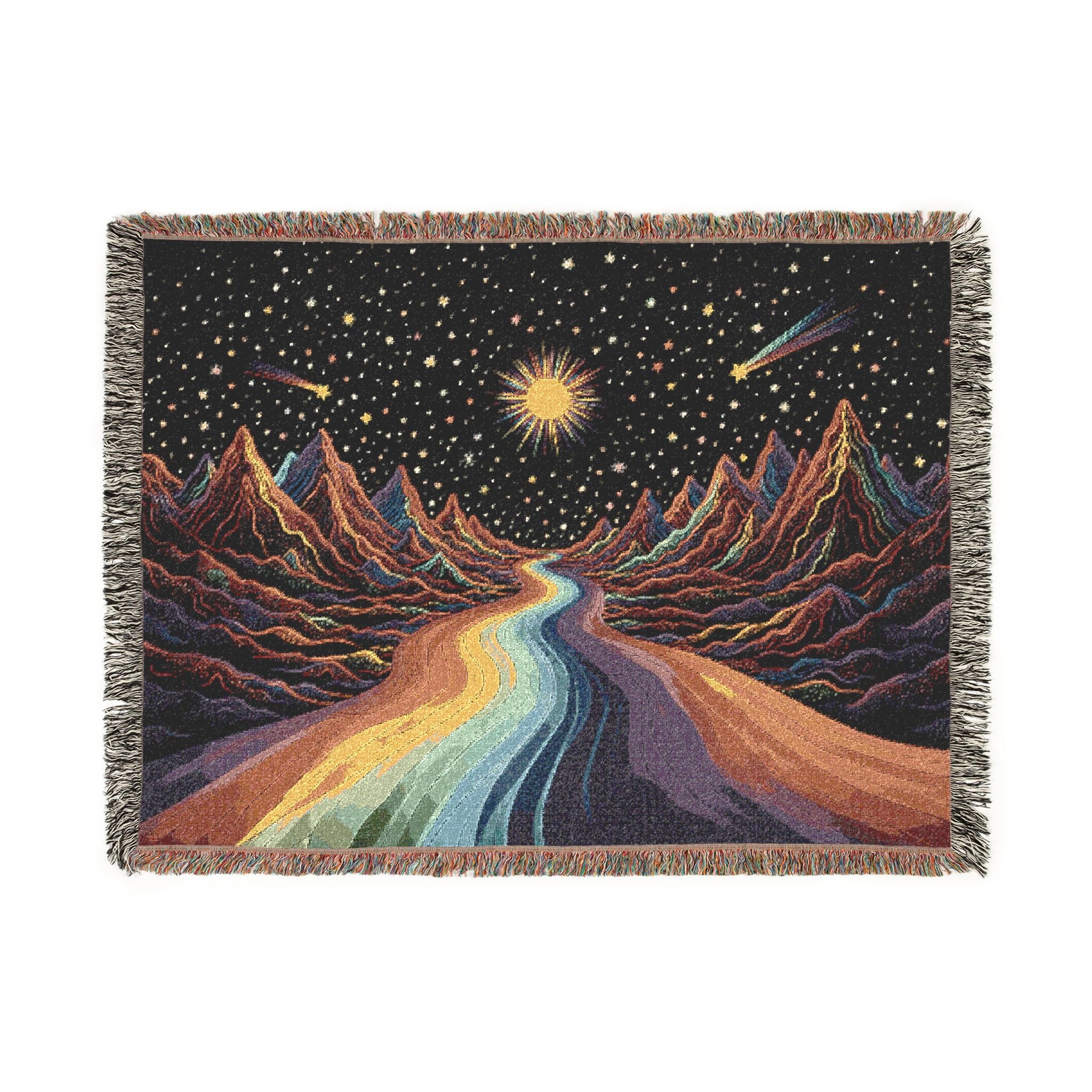 Cosmic Rainbow River Woven Blanket | Starry Night Mountain Tapestry Throw