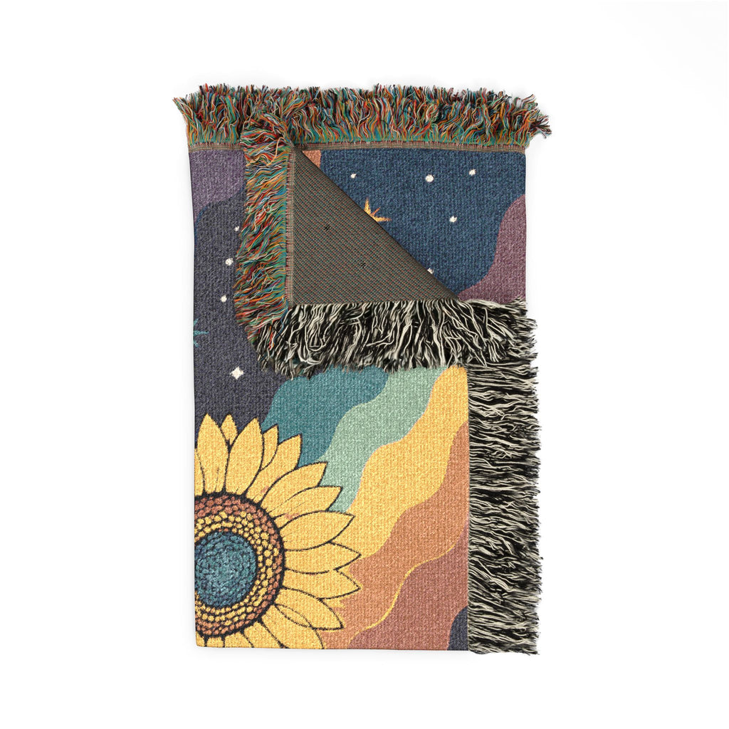 Sunflower Nightscape Woven Blanket | Retro Celestial Tapestry