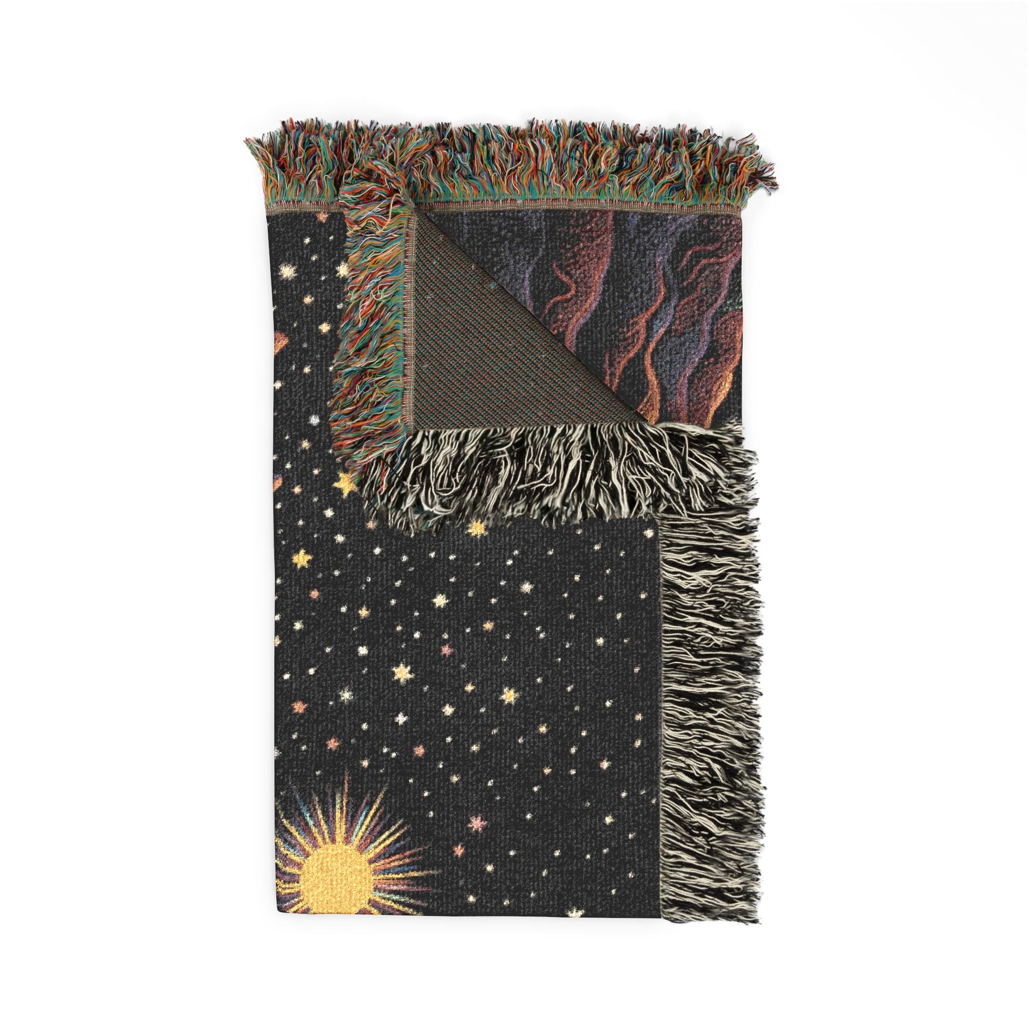 Cosmic Rainbow River Woven Blanket | Starry Night Mountain Tapestry Throw
