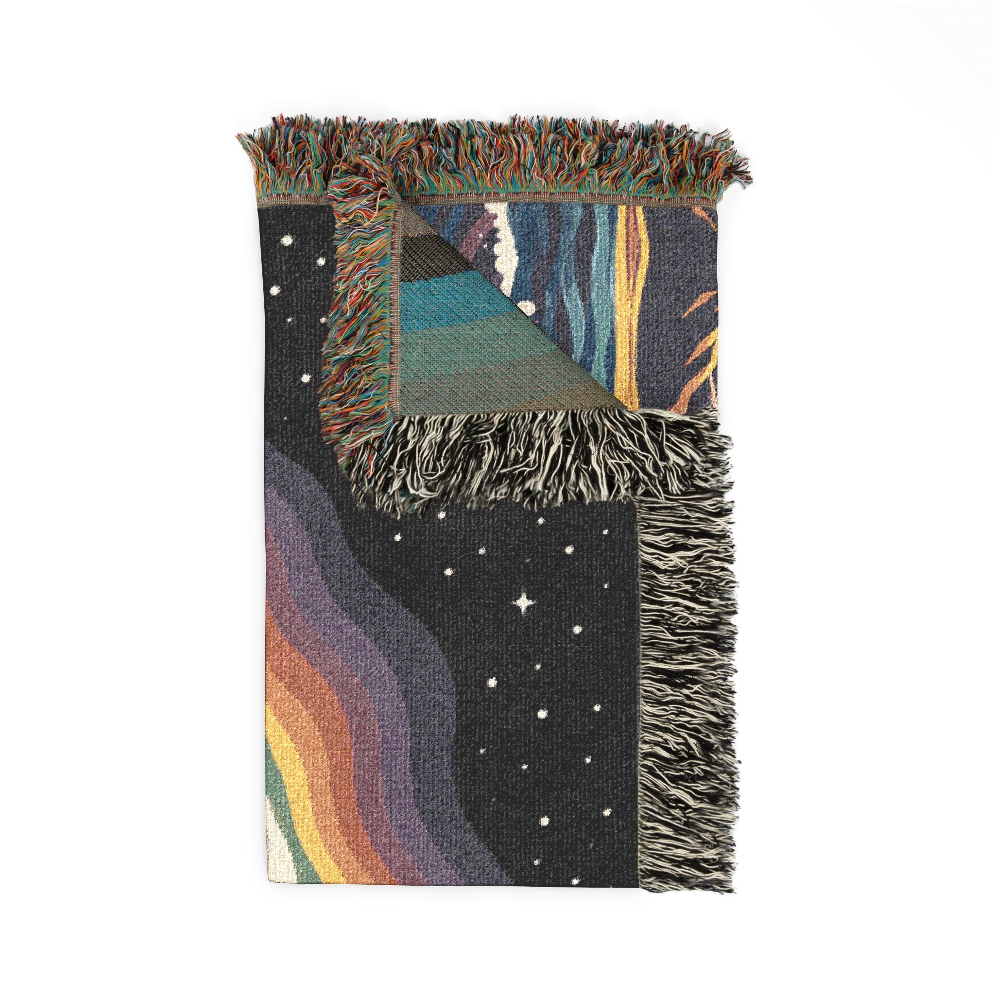 Rainbow Moon Landscape Woven Blanket | Mountain Night Sky Tapestry