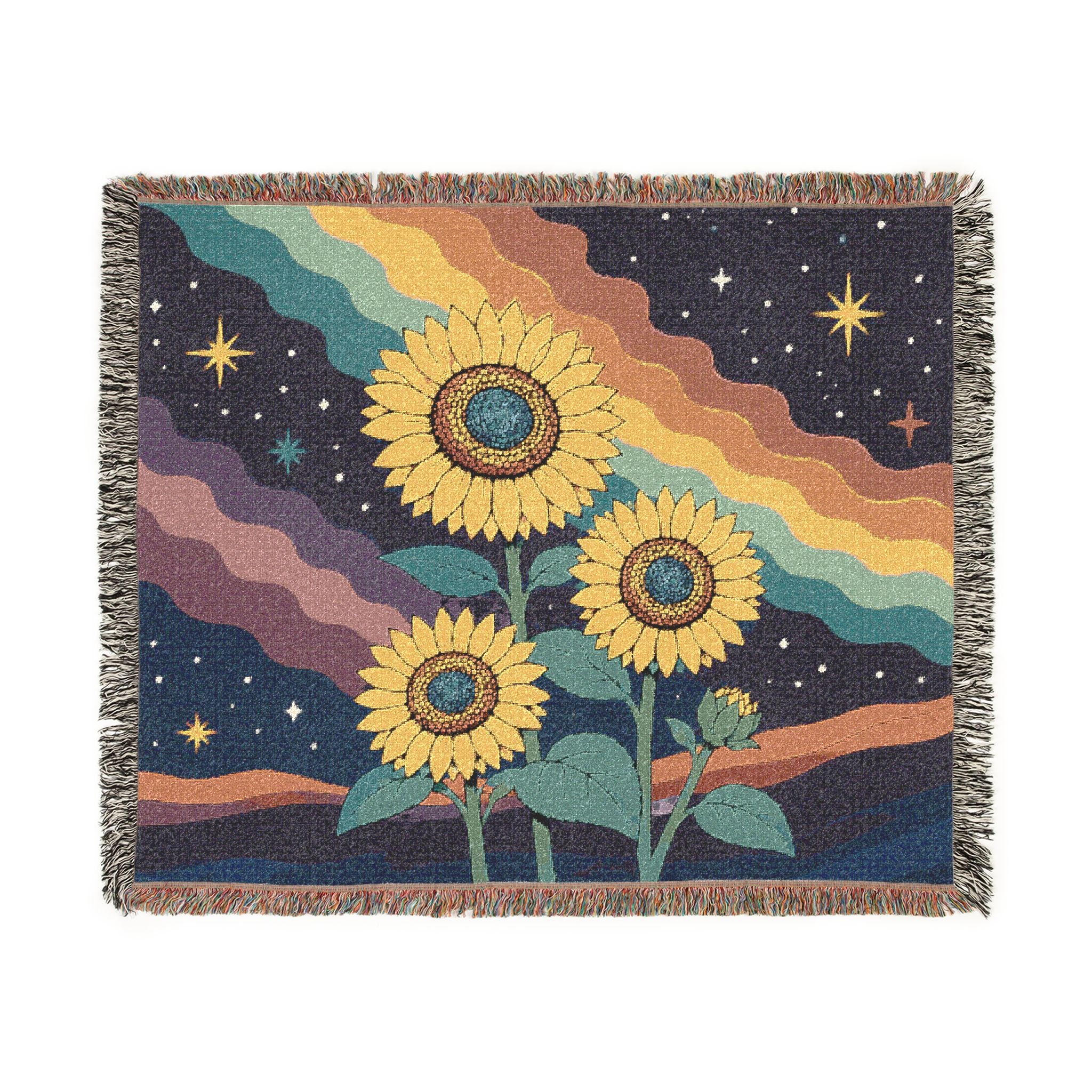 Sunflower Nightscape Woven Blanket | Retro Celestial Tapestry