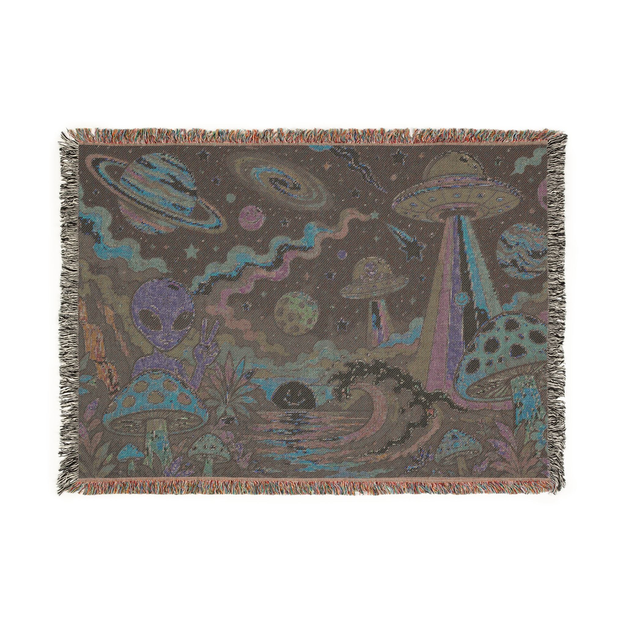 Psychedelic Alien Mushroom Scene Woven Blanket | Space UFO Tapestry Throw