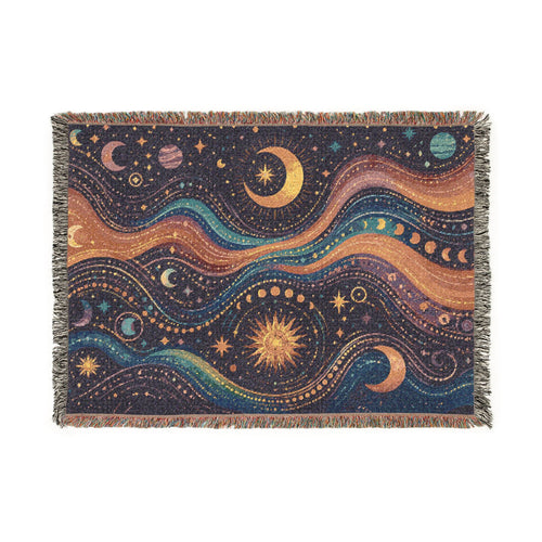 Celestial Waves Woven Blanket | Moon Stars Tapestry Throw
