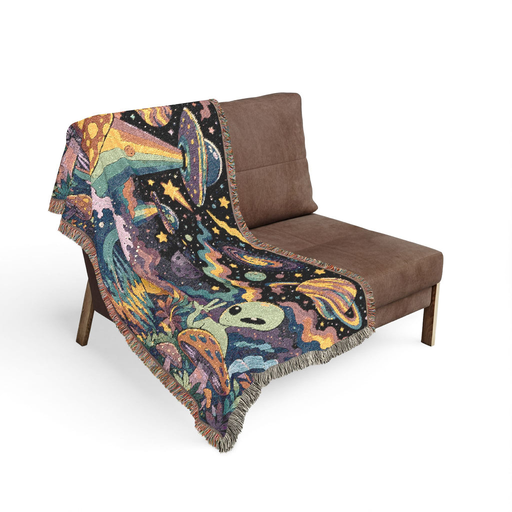 Psychedelic Alien Mushroom Scene Woven Blanket | Space UFO Tapestry Throw