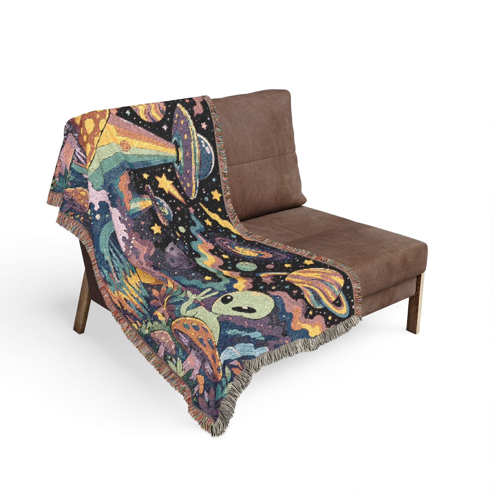 Psychedelic Alien Mushroom Scene Woven Blanket | Space UFO Tapestry Throw