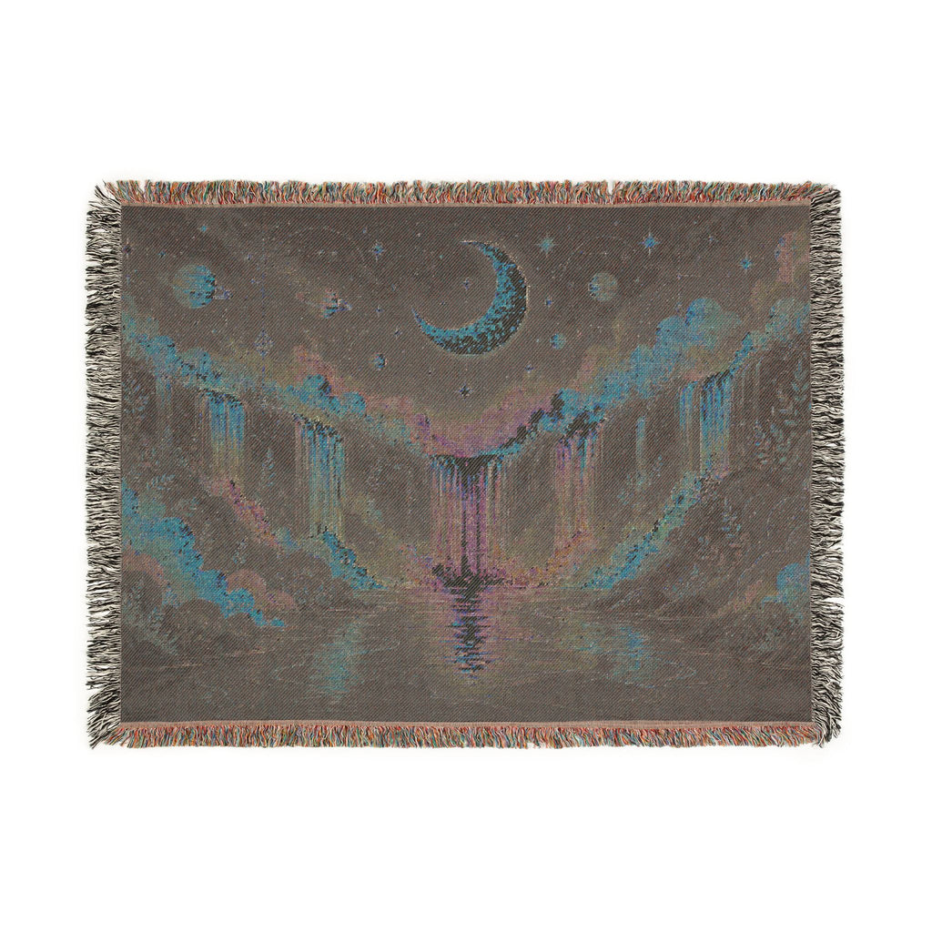 Celestial Moon Waterfall Woven Blanket | Night Sky Tapestry Throw
