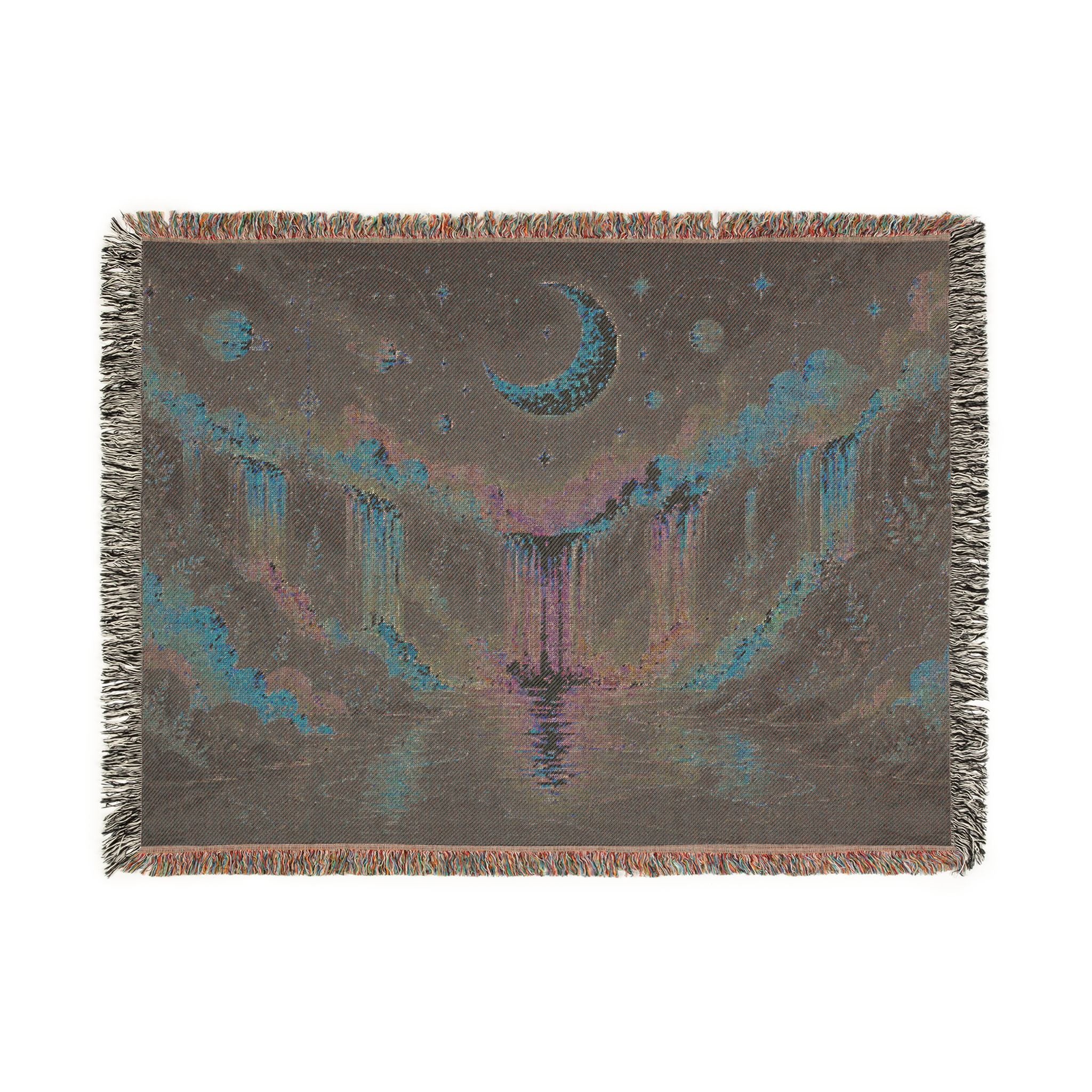 Celestial Moon Waterfall Woven Blanket | Night Sky Tapestry Throw