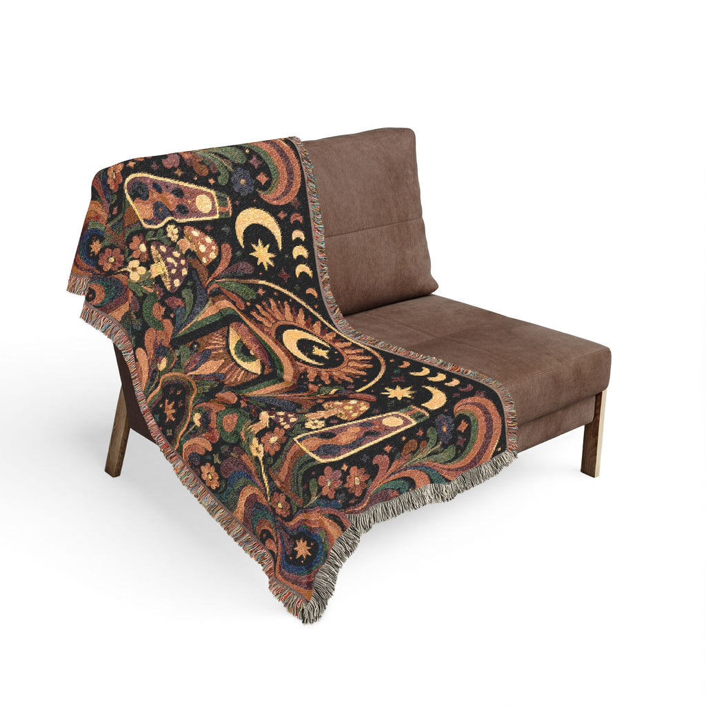 Celestial Moon Eye Woven Blanket | Mystic Boho Tapestry Throw