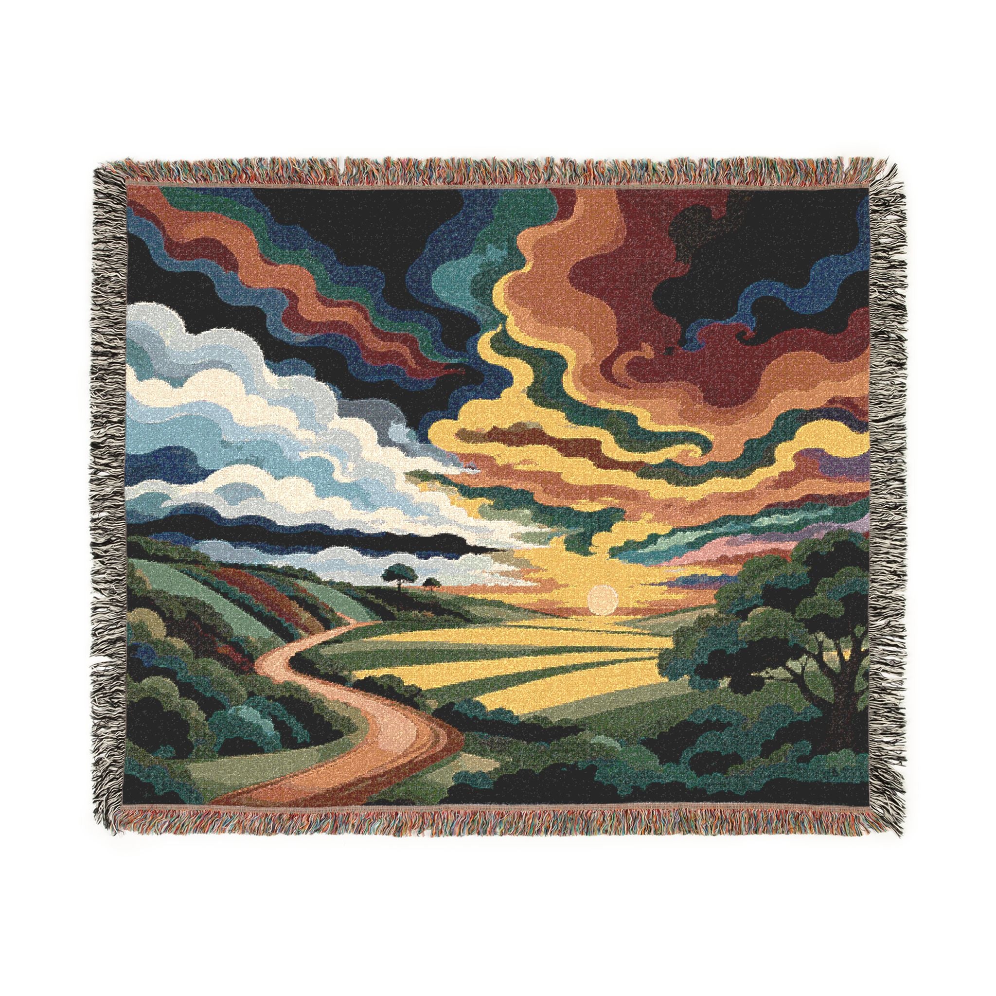 Sunset Landscape Woven Blanket | Scenic Countryside Tapestry Throw
