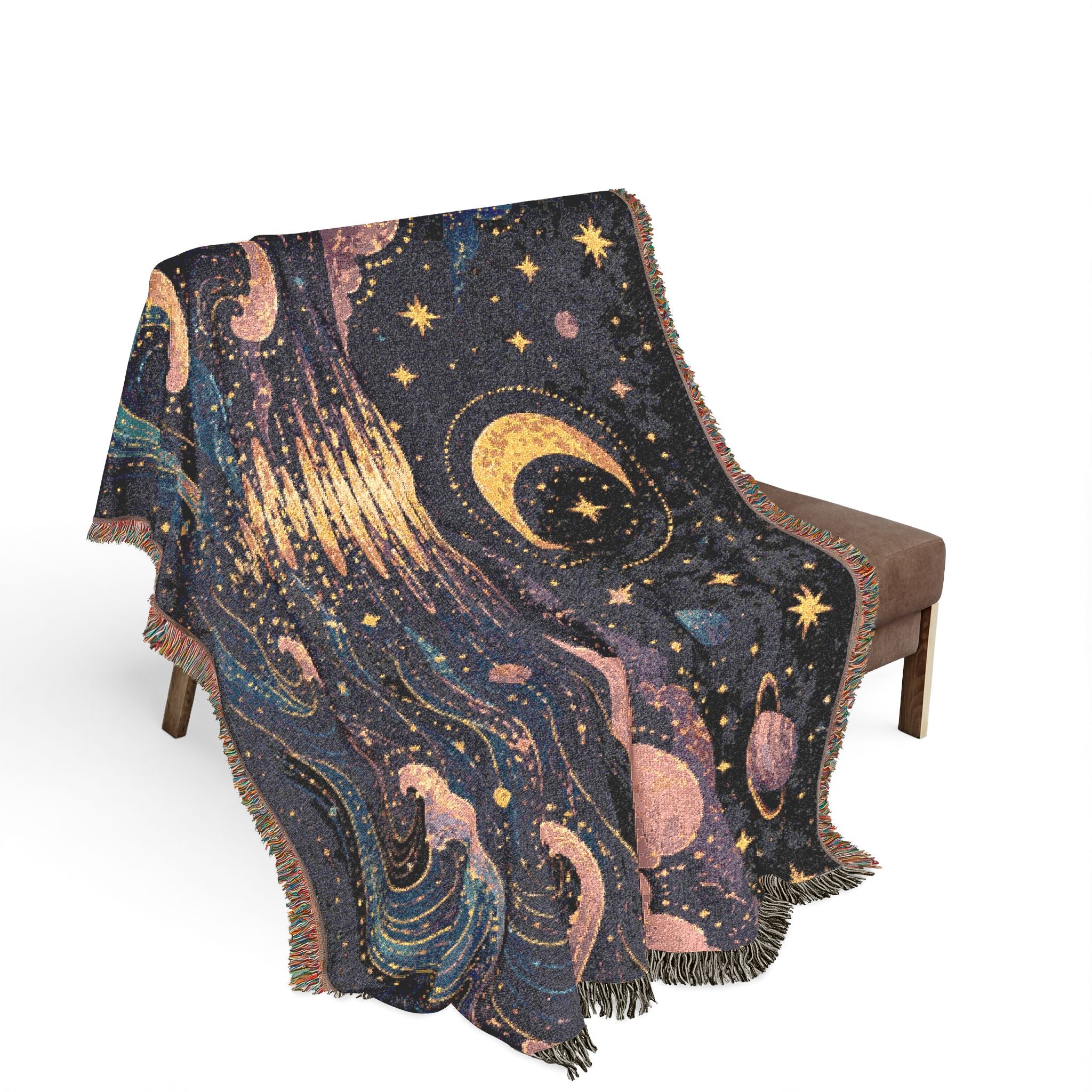 Crescent Moon Over Ocean Woven Blanket | Starry Night Tapestry Throw