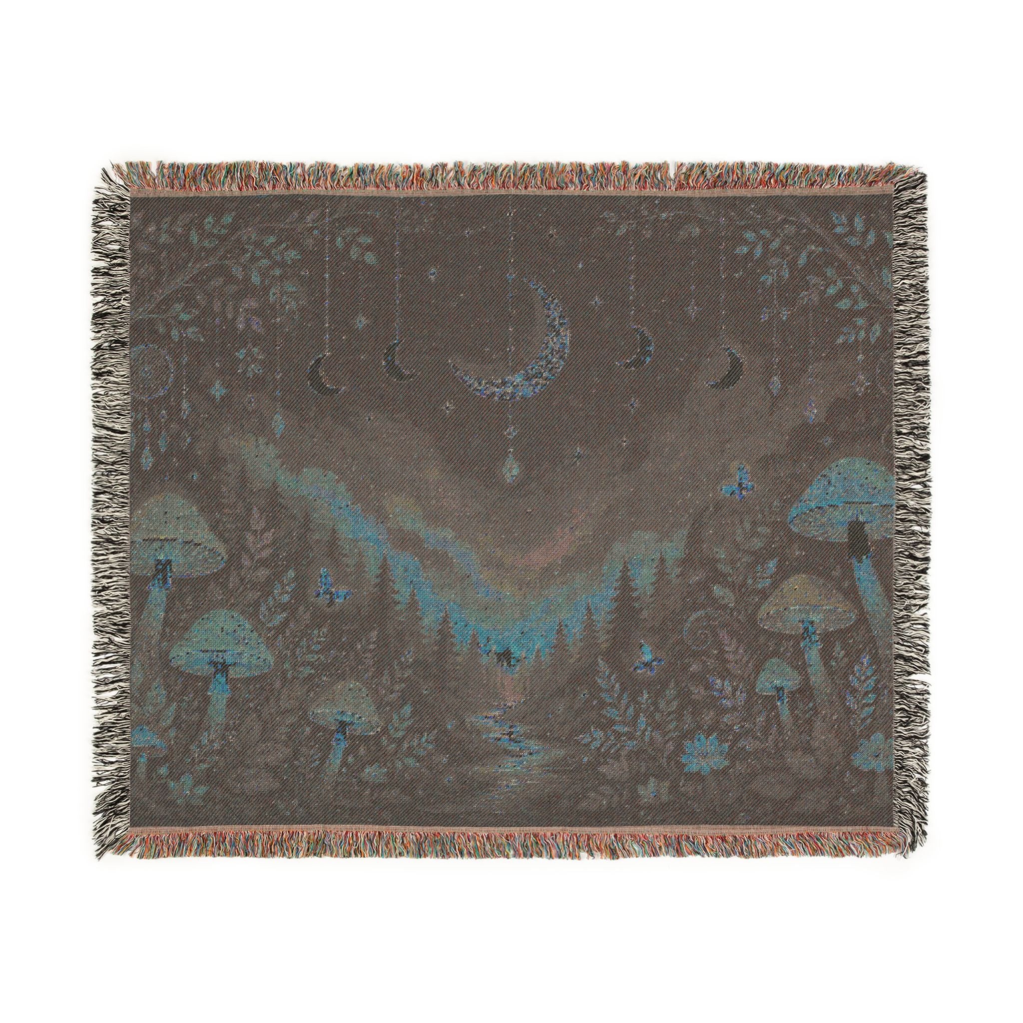 Moonlit Mushroom Forest Woven Blanket | Celestial Nightscape Tapestry