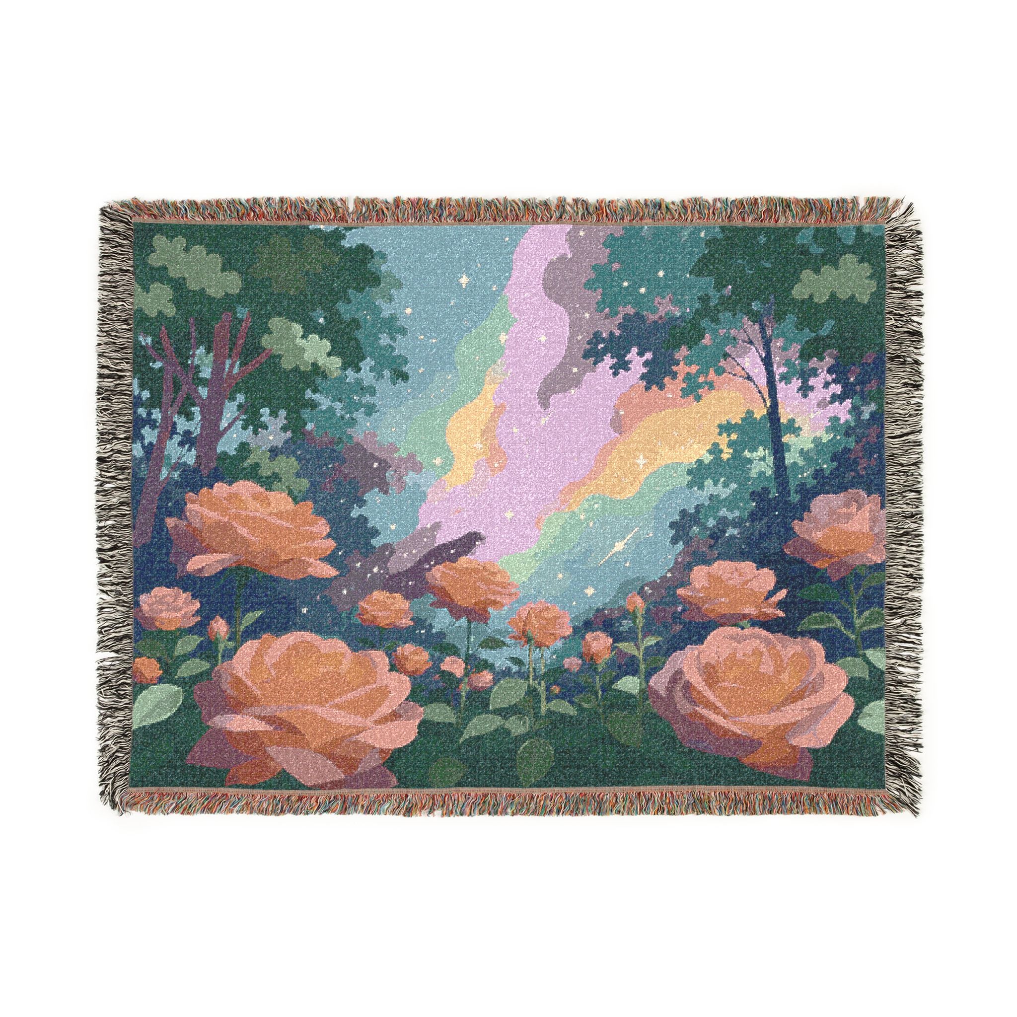 Sunset Rose Meadow Woven Blanket | Floral Landscape Throw