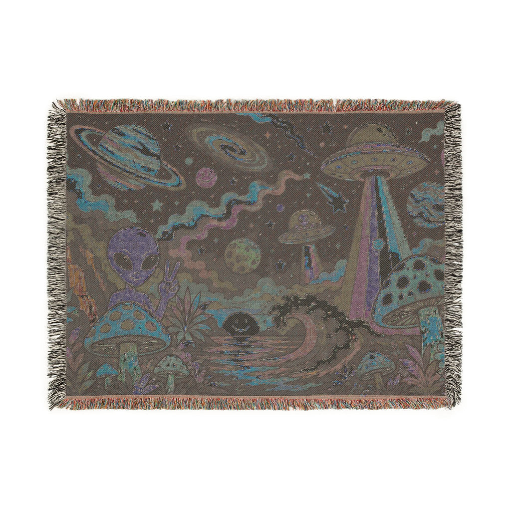 Psychedelic Alien Mushroom Scene Woven Blanket | Space UFO Tapestry Throw