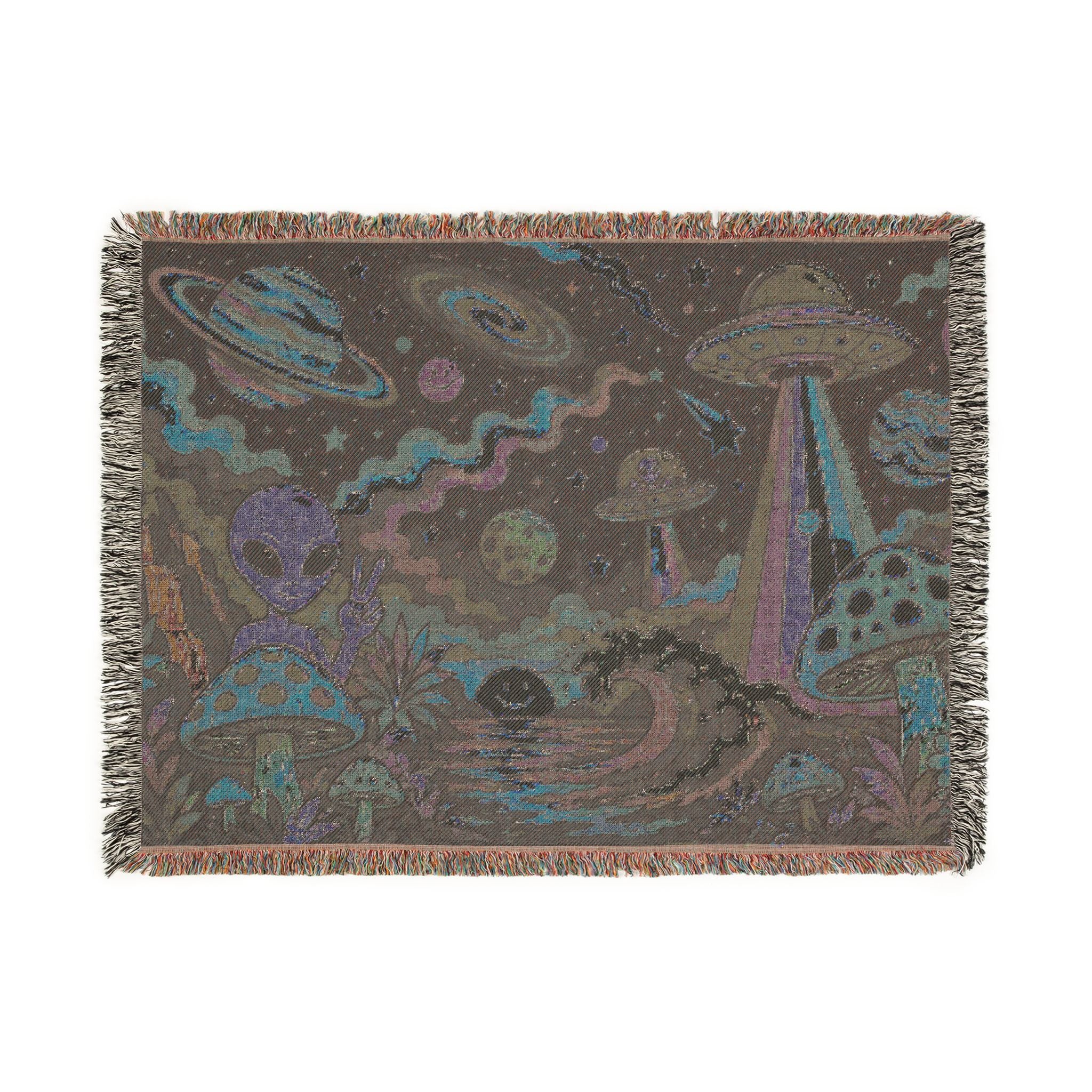Psychedelic Alien Mushroom Scene Woven Blanket | Space UFO Tapestry Throw