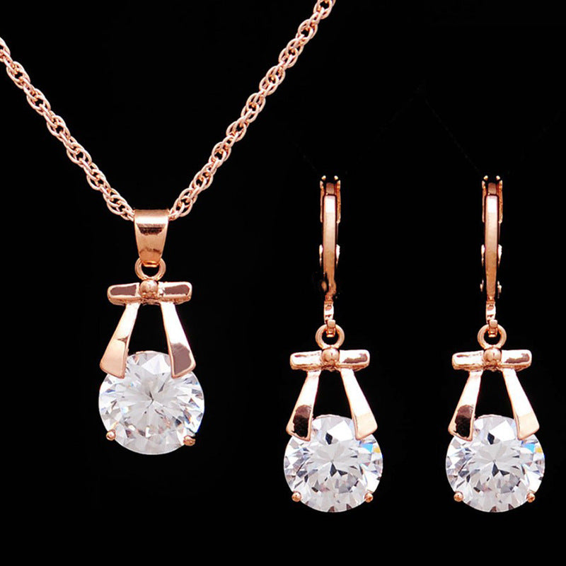 Crystal Earring Jewelry Set with Gold Bow Pendant