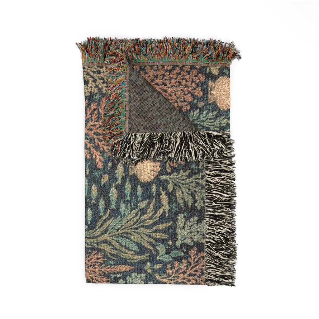 Vintage Sealife Floral Tapestry Woven Blanket | Botanical Throw, Earth Tones