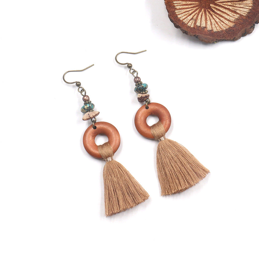 Geometric Wooden Circle Tassel Earrings