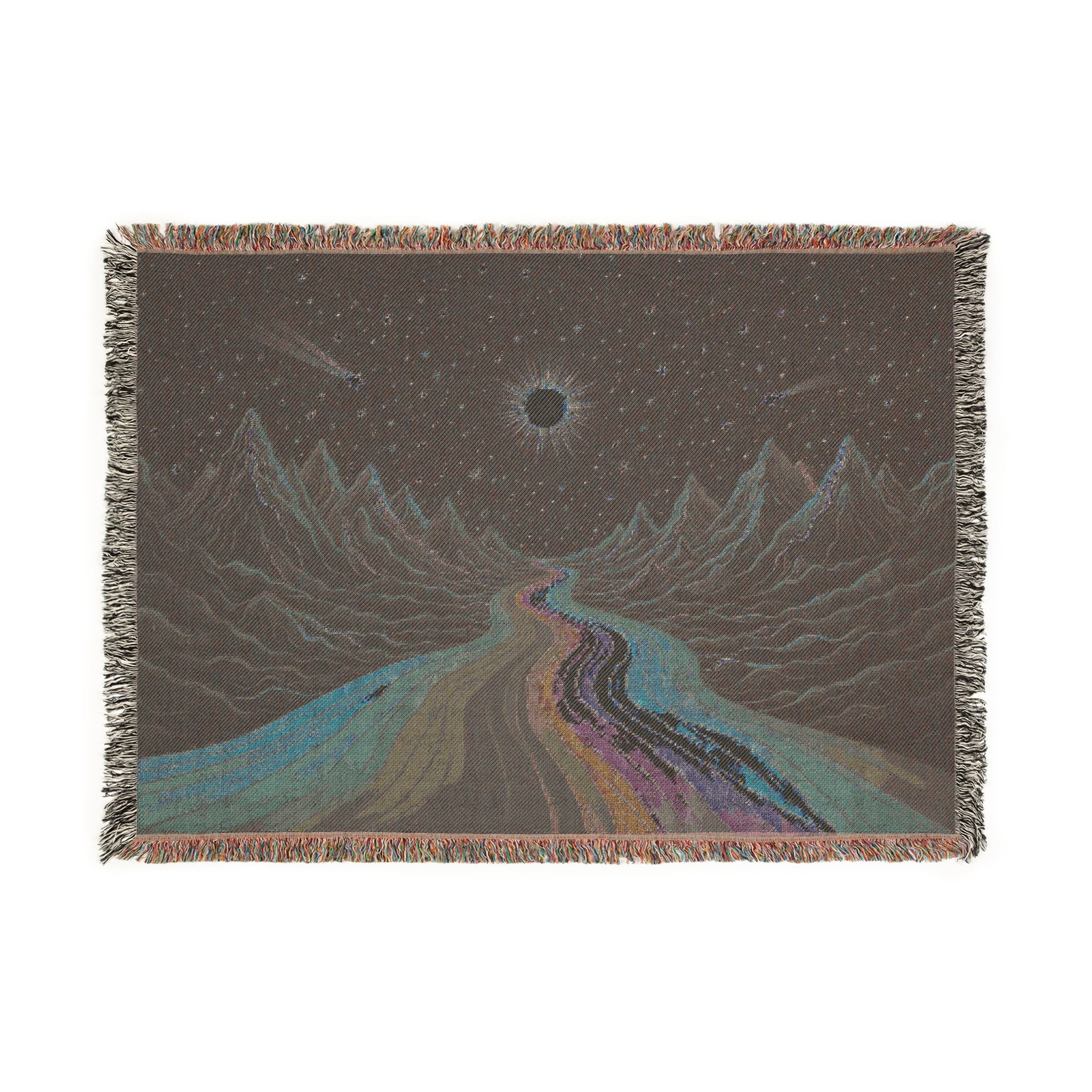 Cosmic Rainbow River Woven Blanket | Starry Night Mountain Tapestry Throw