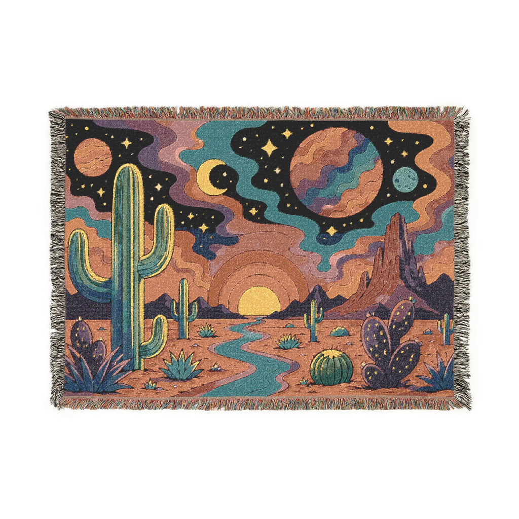 Desert Sunset Cosmic Landscape Woven Blanket | Southwestern Cactus Tapestry