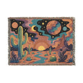 Desert Sunset Cosmic Landscape Woven Blanket | Southwestern Cactus Tapestry