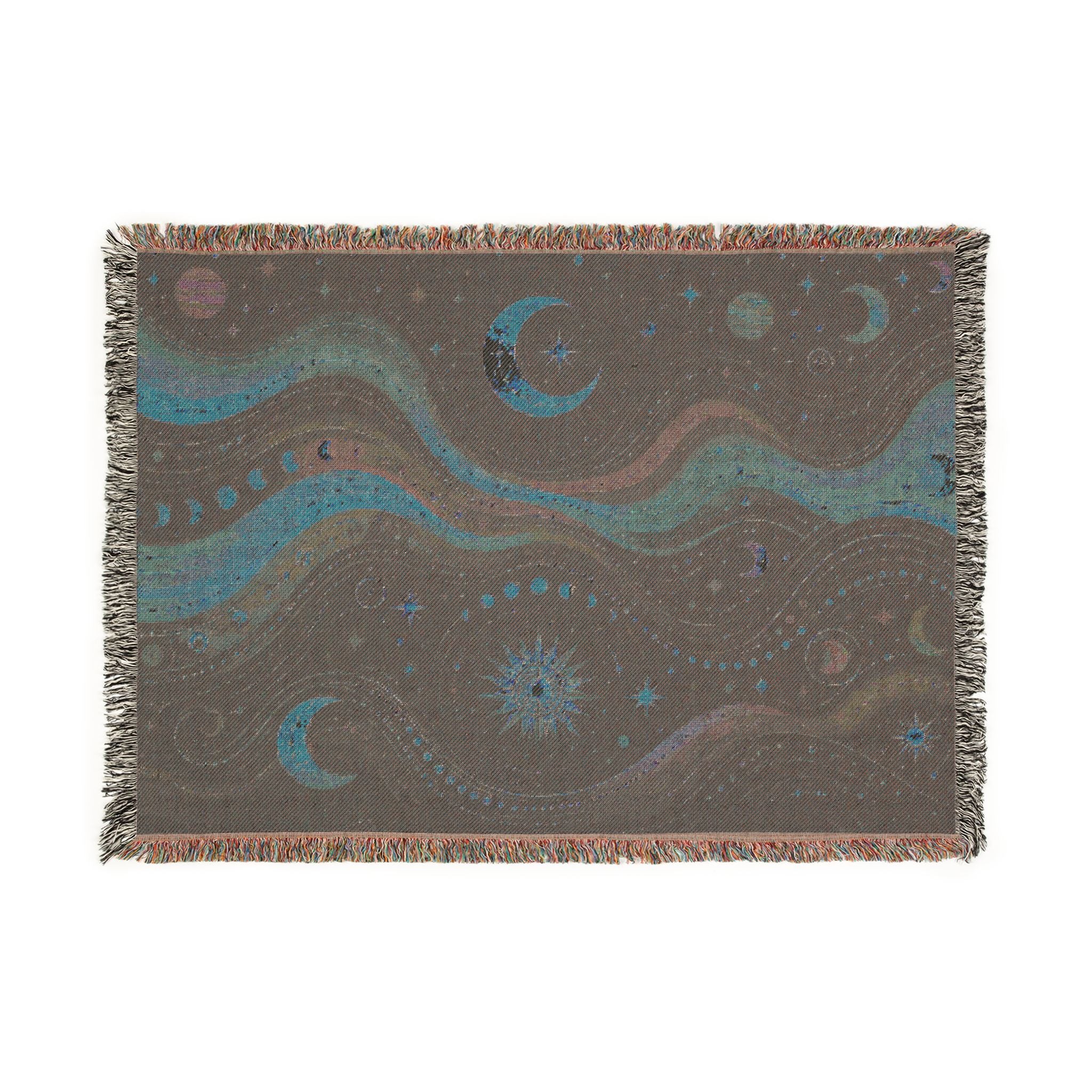 Celestial Waves Woven Blanket | Moon Stars Tapestry Throw