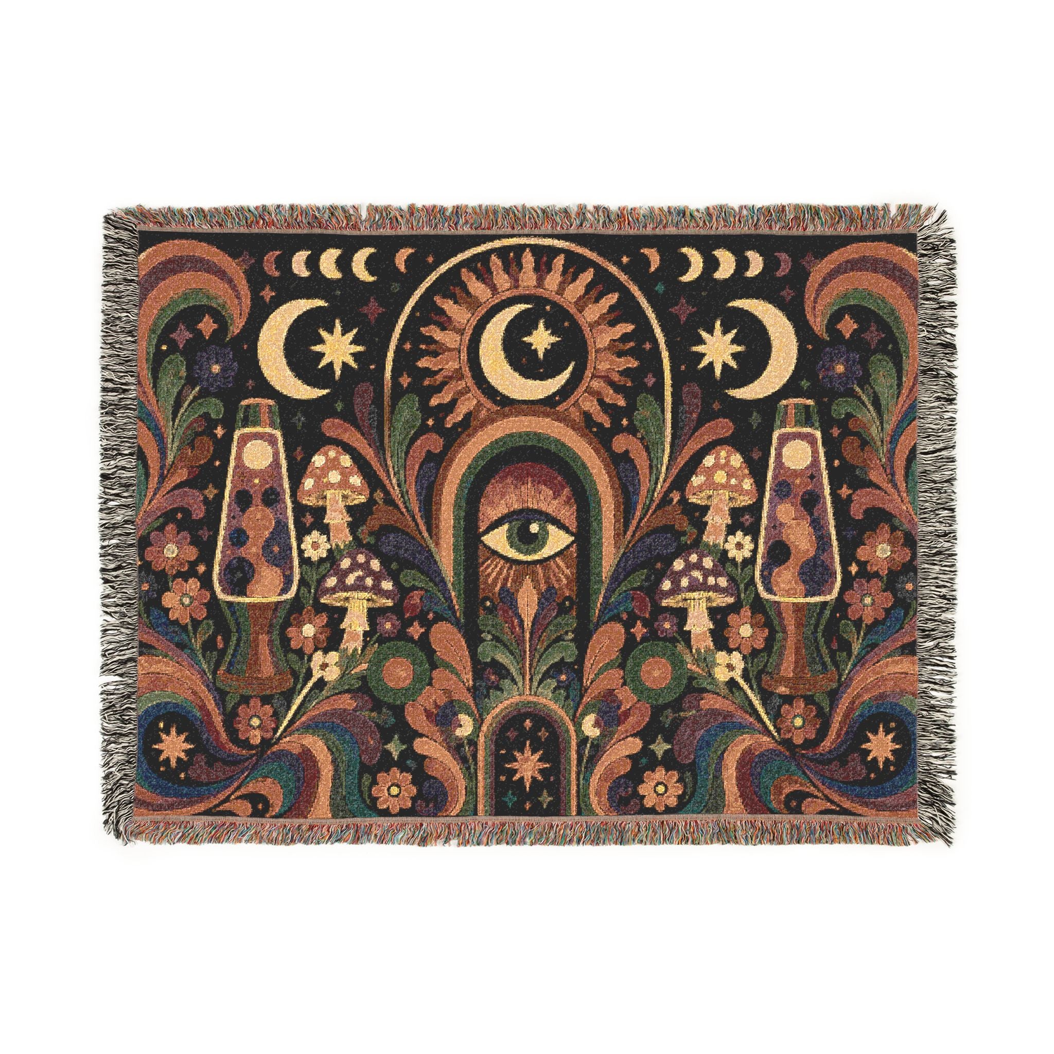 Celestial Moon Eye Woven Blanket | Mystic Boho Tapestry Throw