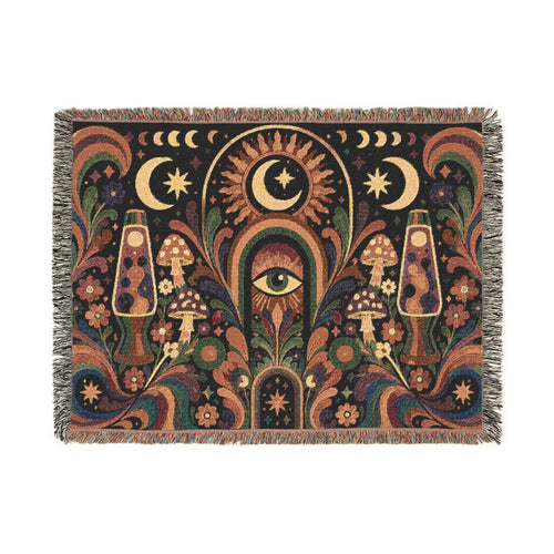 Celestial Moon Eye Woven Blanket | Mystic Boho Tapestry Throw