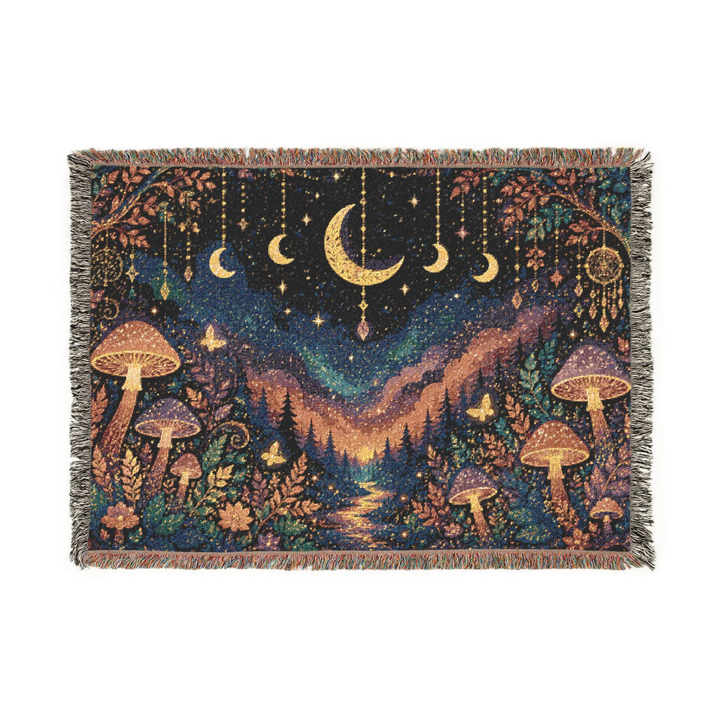 Moonlit Mushroom Forest Woven Blanket | Celestial Nightscape Tapestry