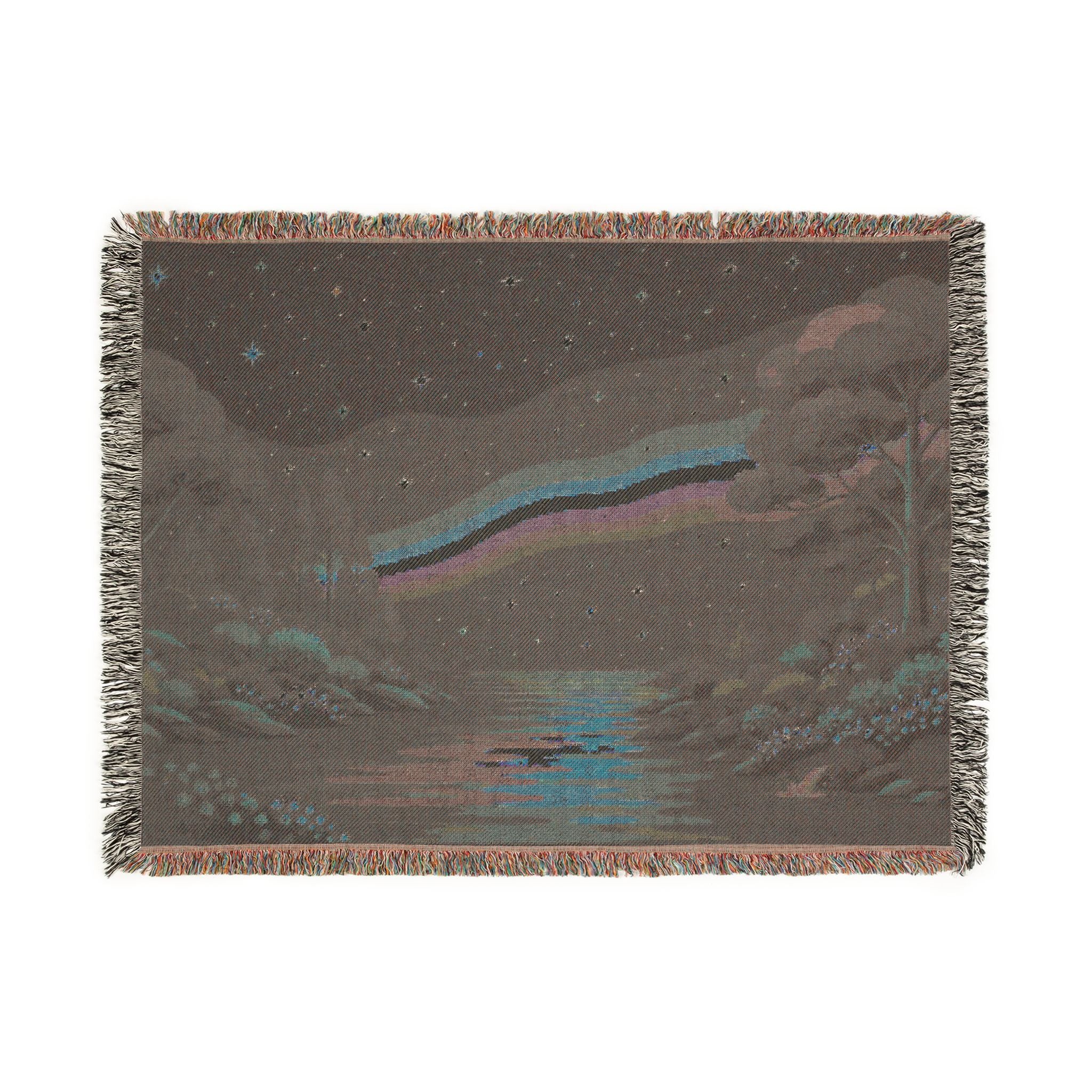 Pixel Rainbow Nightscape Woven Blanket | Starry Lake Scenic Throw