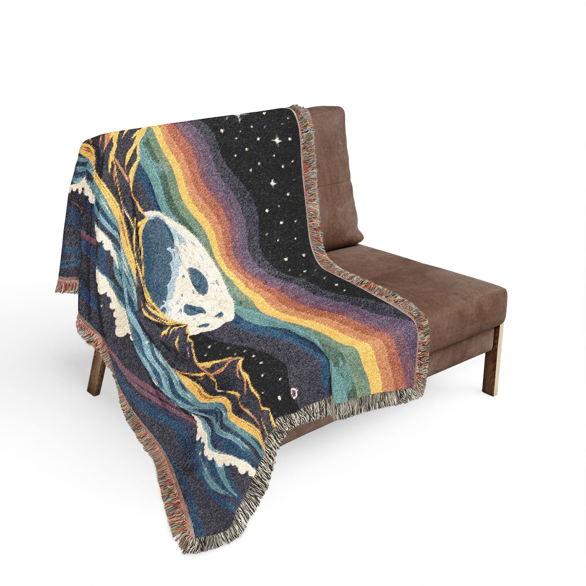 Rainbow Moon Landscape Woven Blanket | Mountain Night Sky Tapestry
