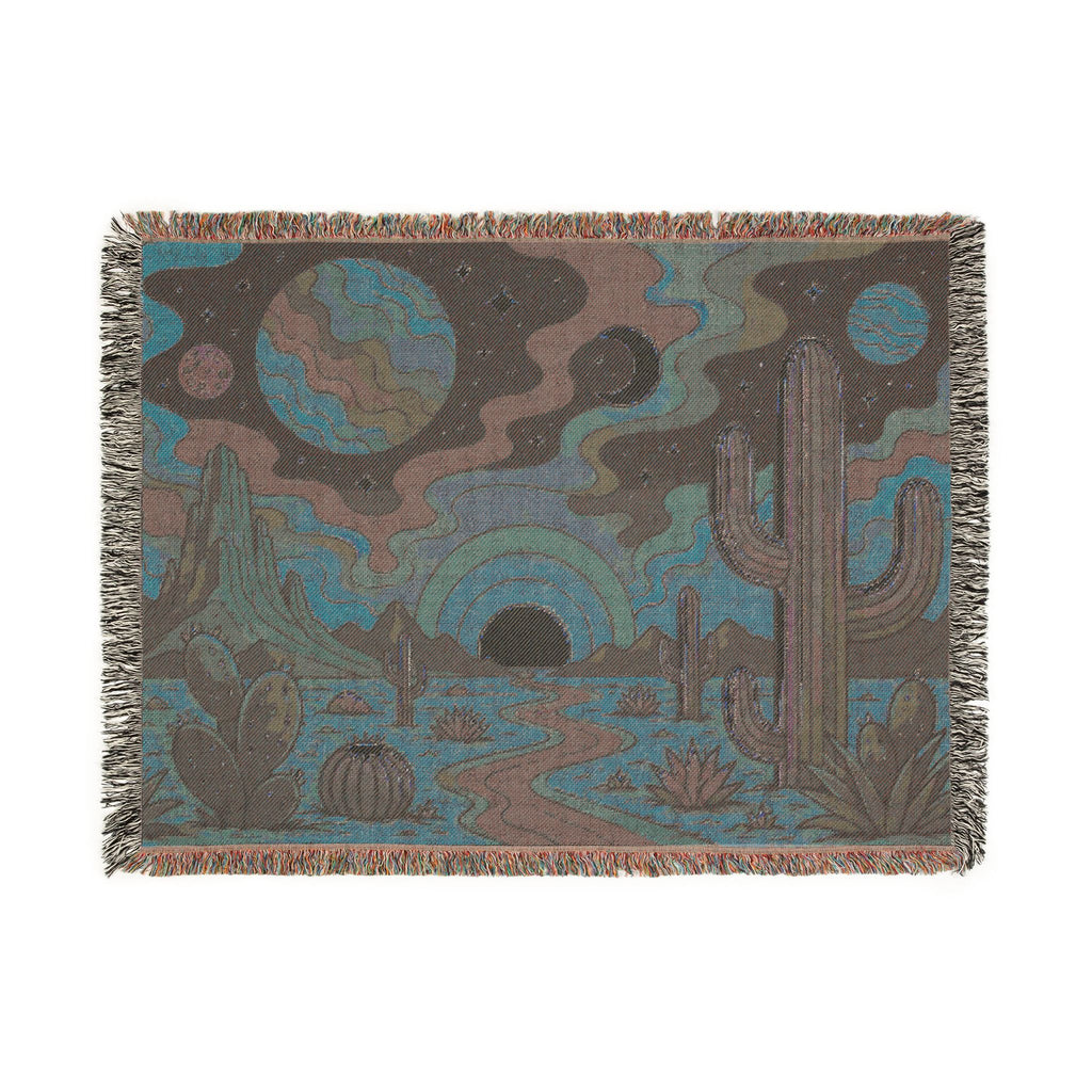 Desert Sunset Cosmic Landscape Woven Blanket | Southwestern Cactus Tapestry