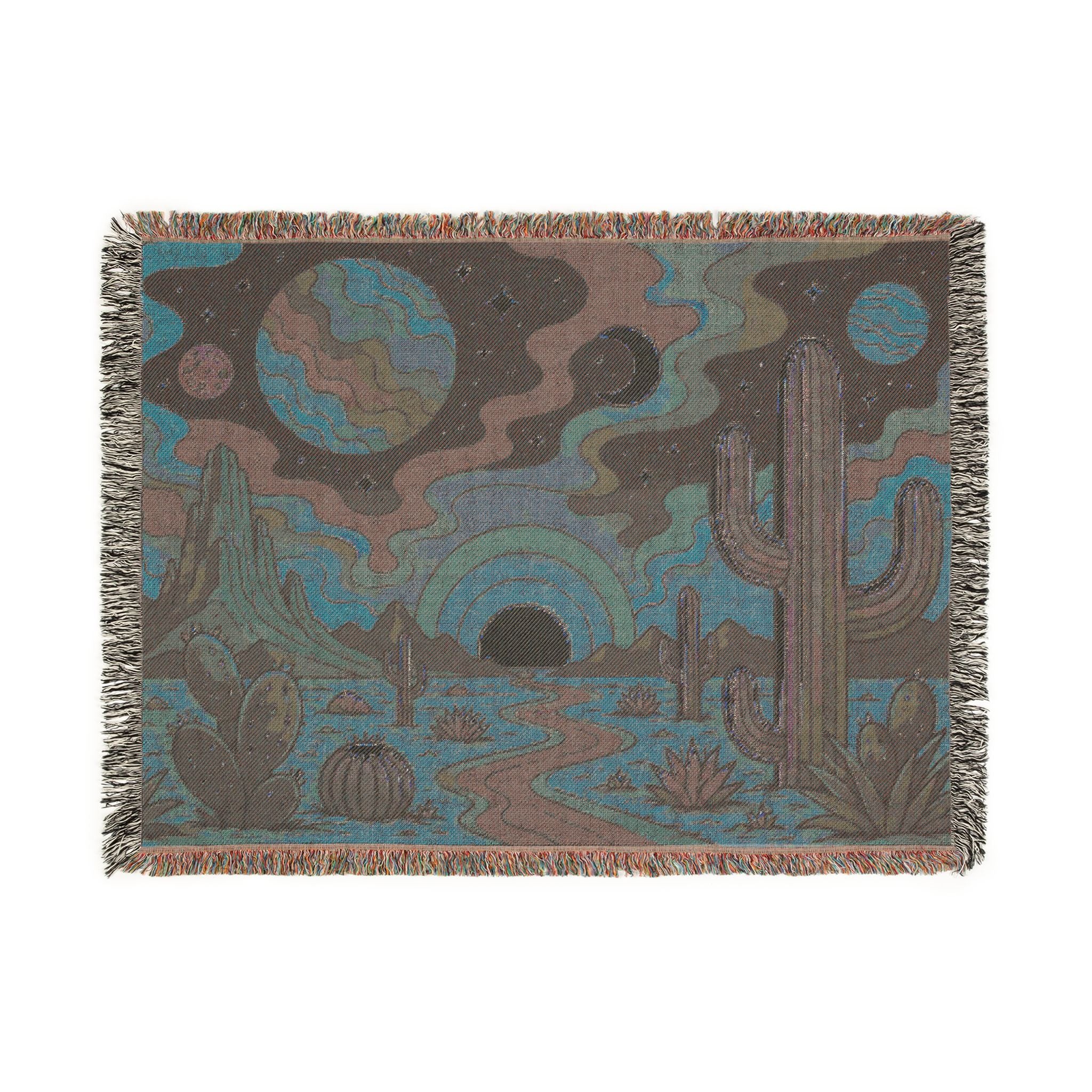 Desert Sunset Cosmic Landscape Woven Blanket | Southwestern Cactus Tapestry