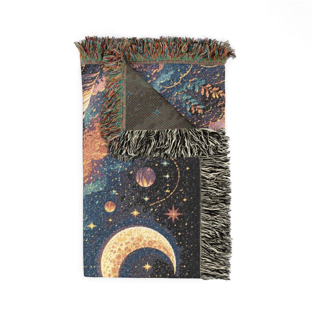 Celestial Moon Waterfall Woven Blanket | Night Sky Tapestry Throw