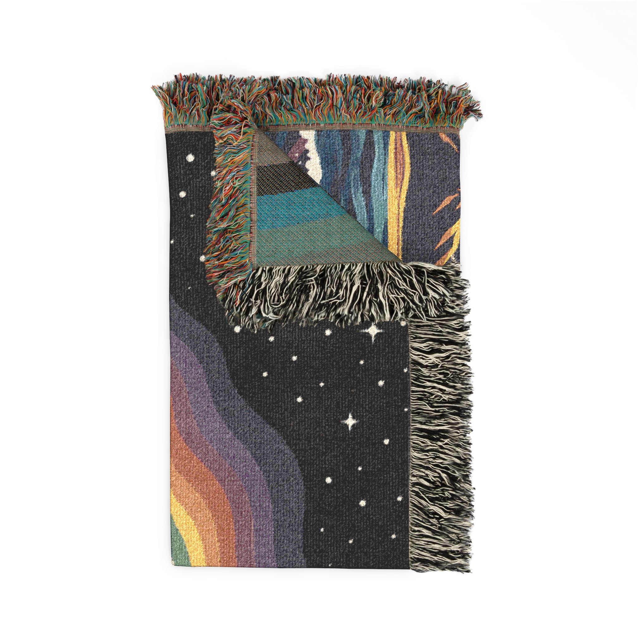 Rainbow Moon Landscape Woven Blanket | Mountain Night Sky Tapestry