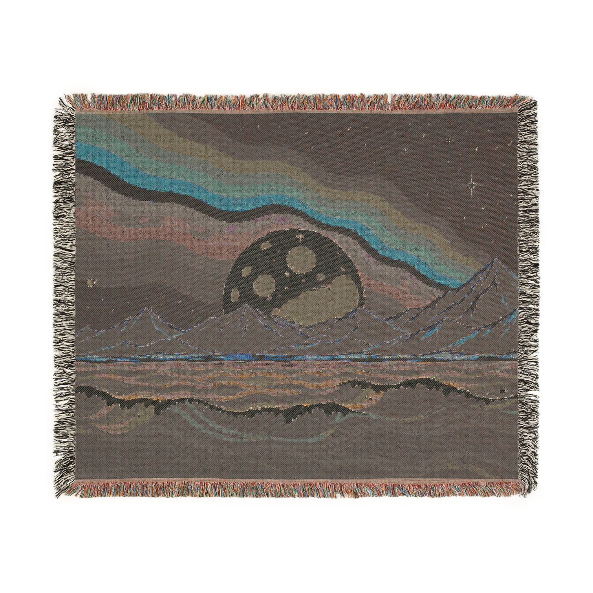Rainbow Moon Landscape Woven Blanket | Mountain Night Sky Tapestry