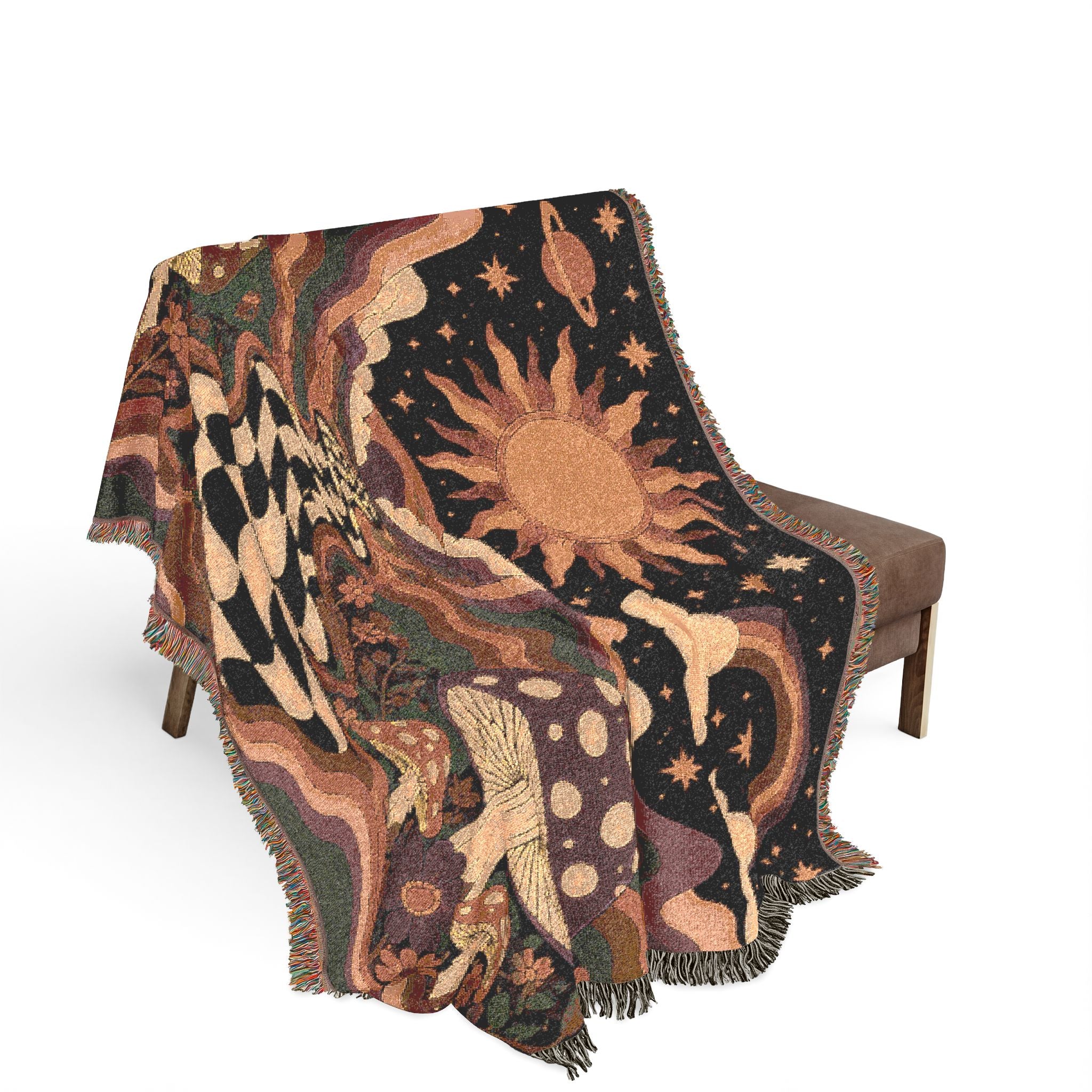 Psychedelic Mushroom Sunscape Woven Blanket | Retro Checkerboard Path