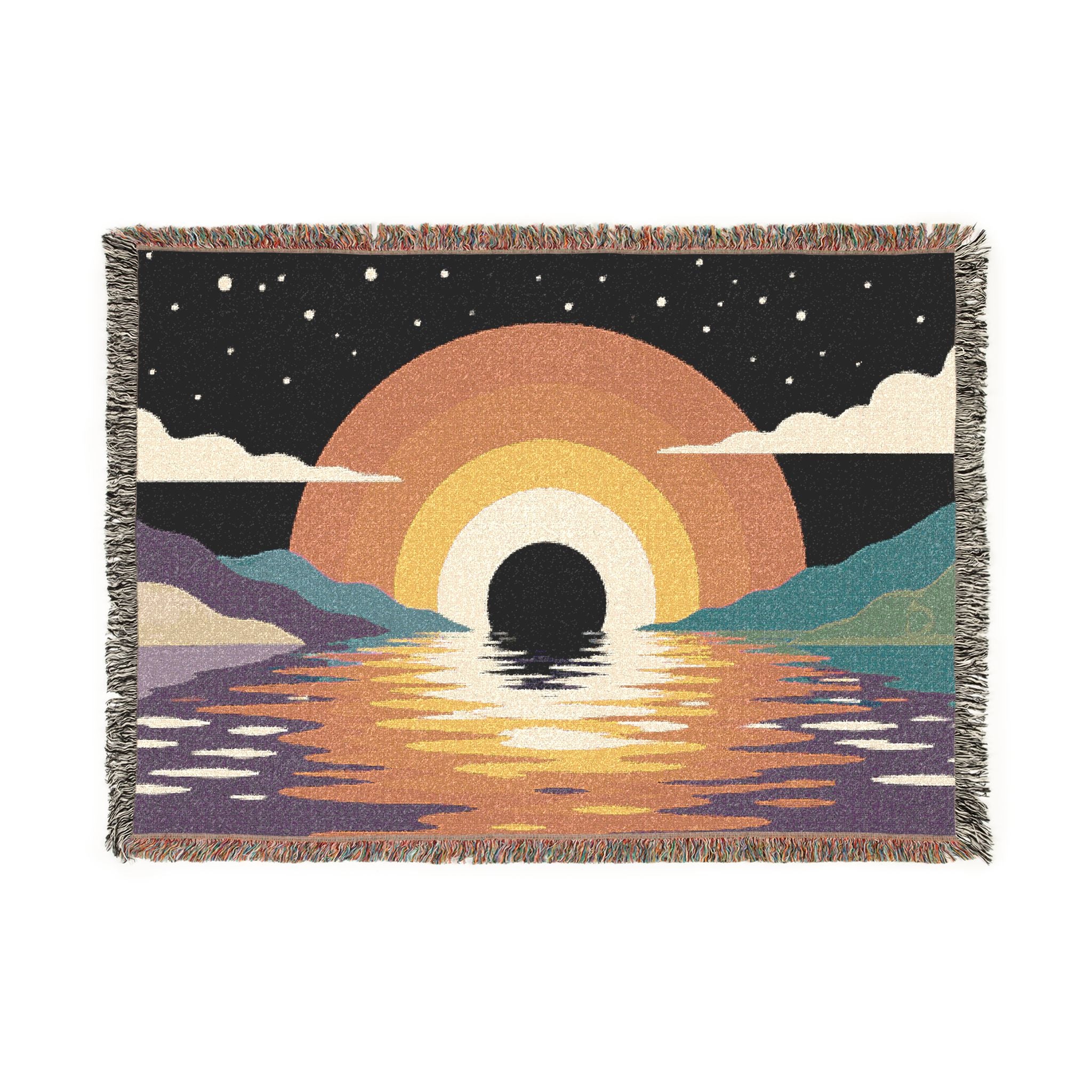 Retro Sunset Arch Woven Blanket | Boho Landscape Tapestry Throw