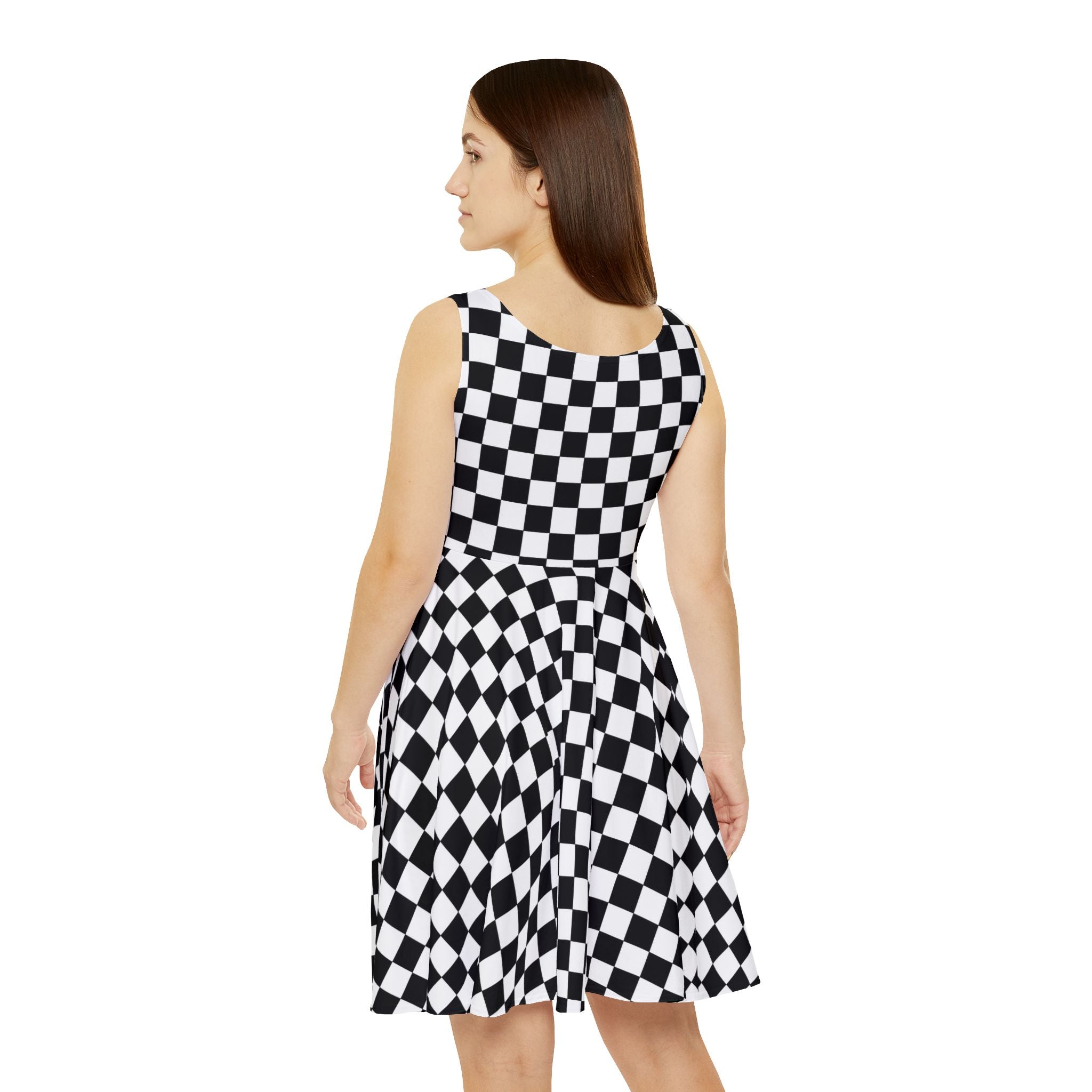 Black White Checkerboard Pattern Skater Dress