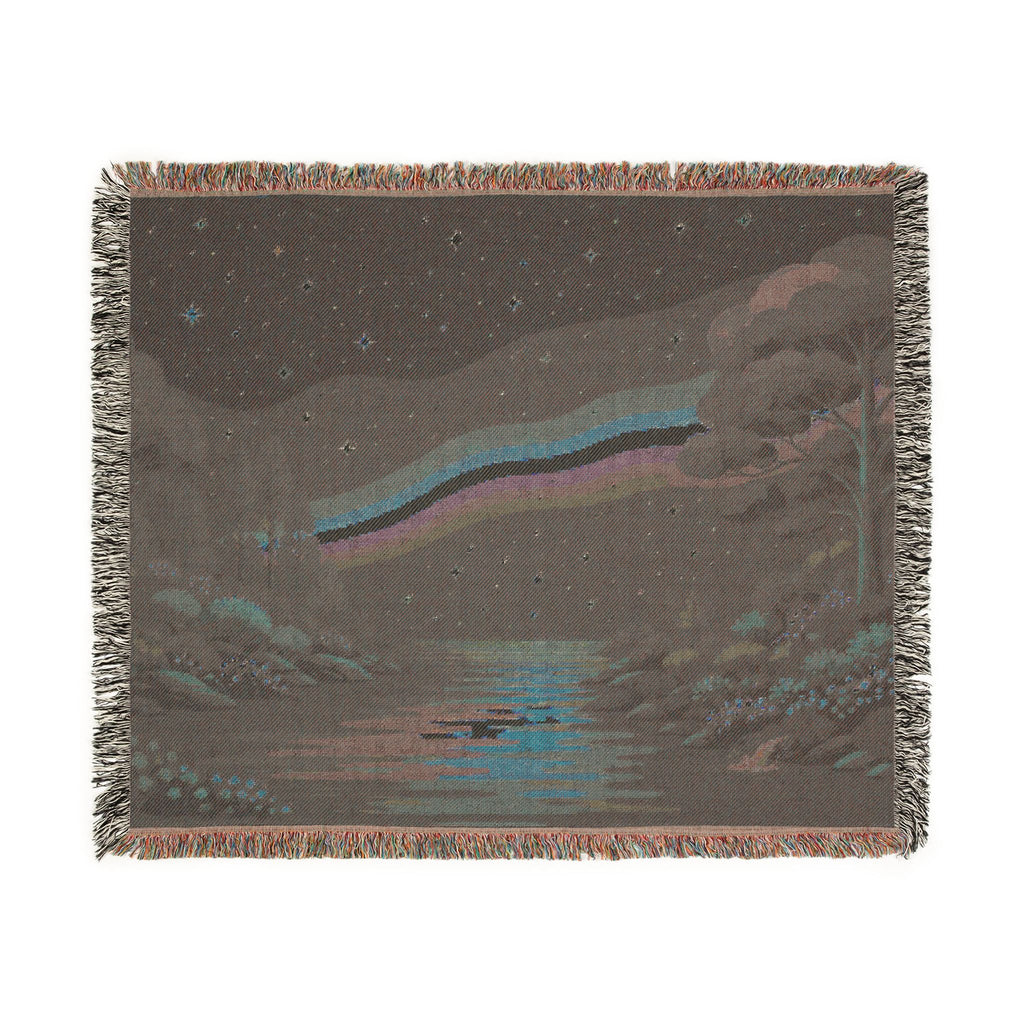 Pixel Rainbow Nightscape Woven Blanket | Starry Lake Scenic Throw