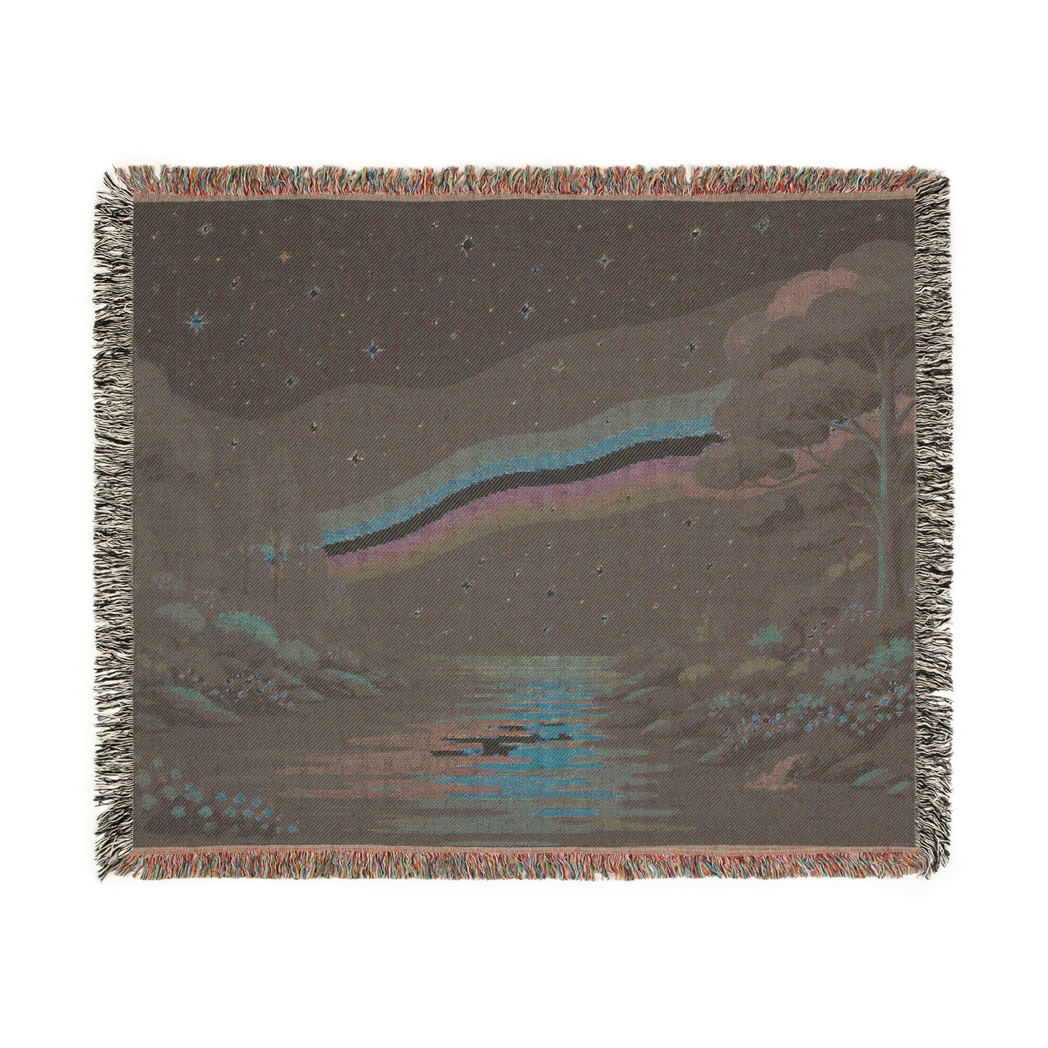 Pixel Rainbow Nightscape Woven Blanket | Starry Lake Scenic Throw