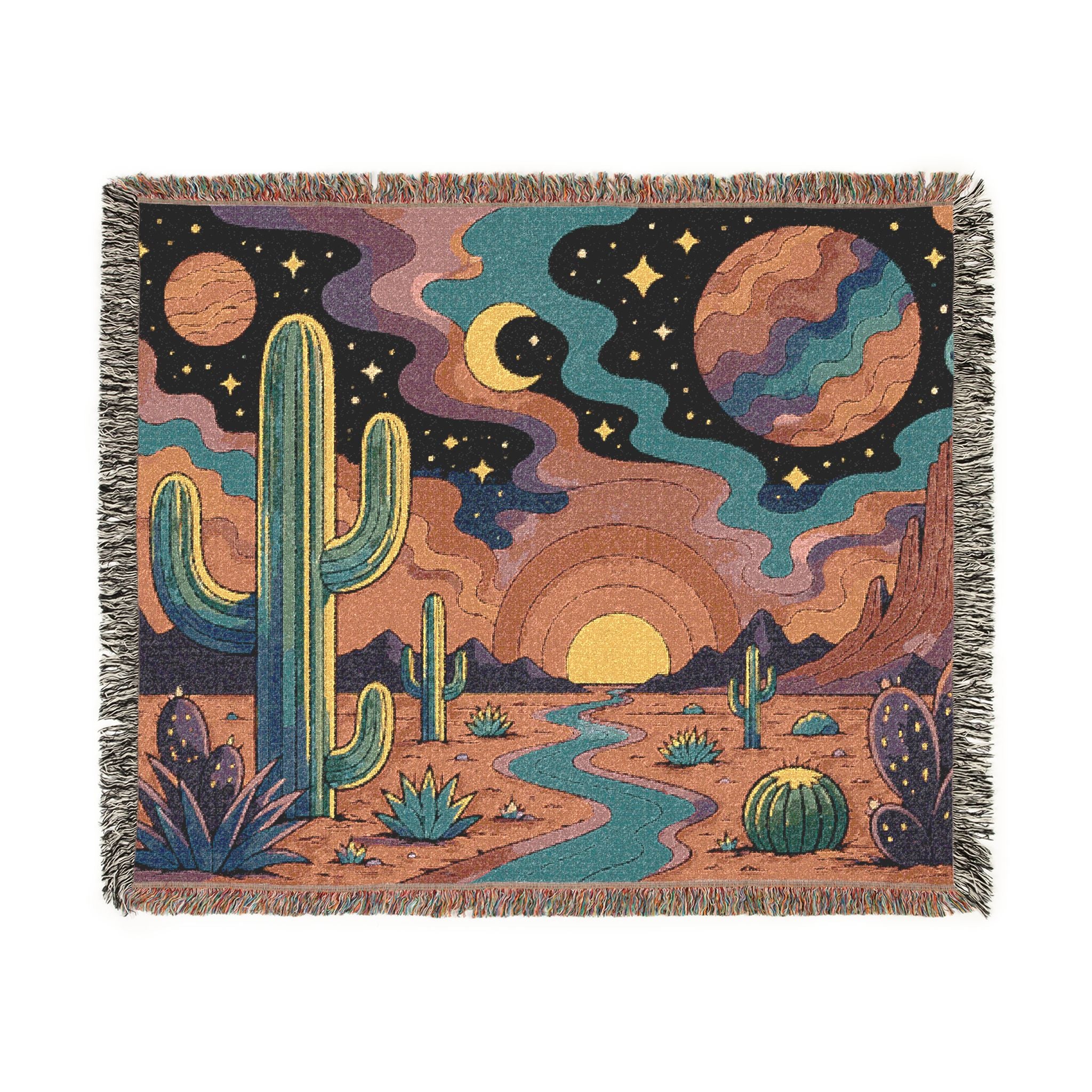 Desert Sunset Cosmic Landscape Woven Blanket | Southwestern Cactus Tapestry