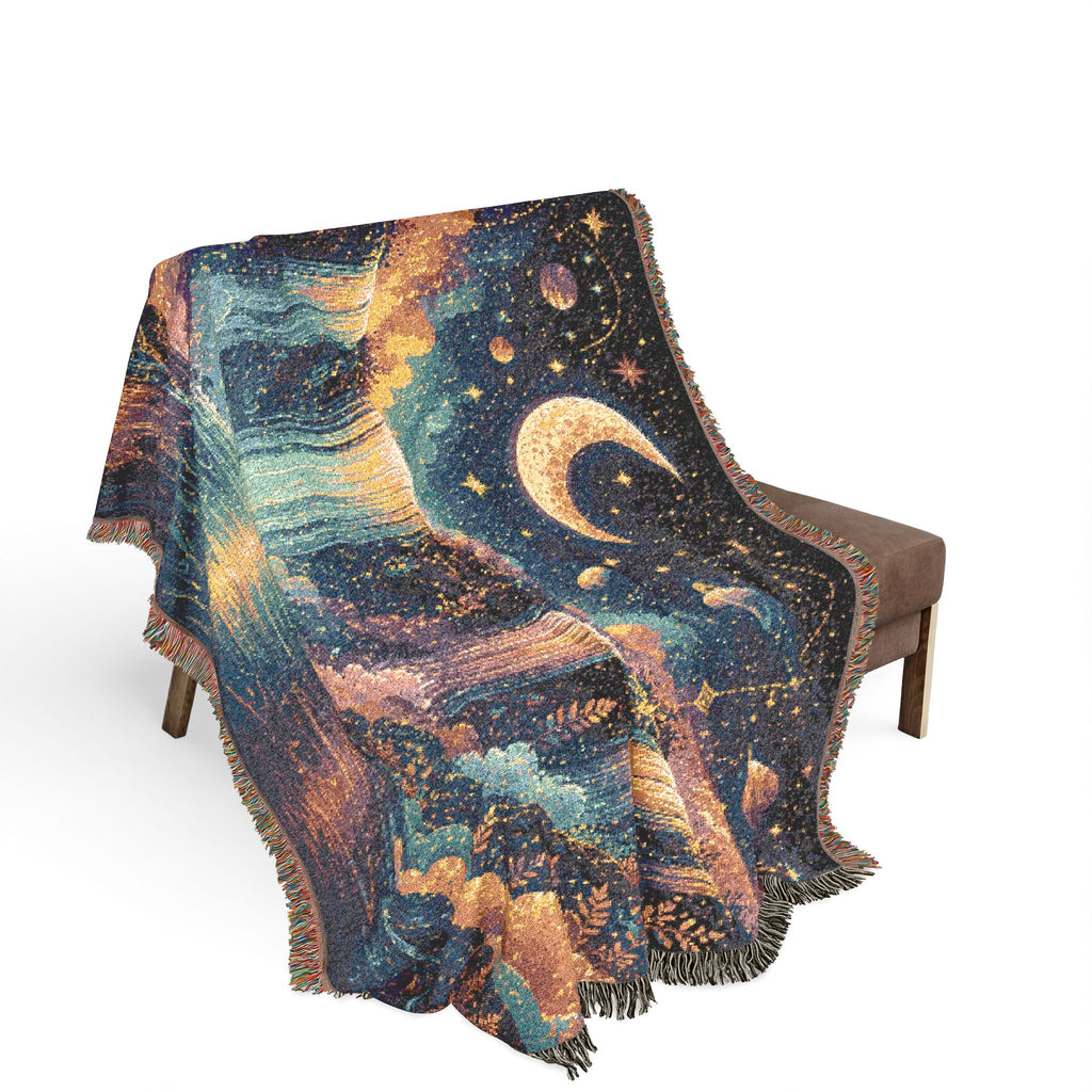 Celestial Moon Waterfall Woven Blanket | Night Sky Tapestry Throw