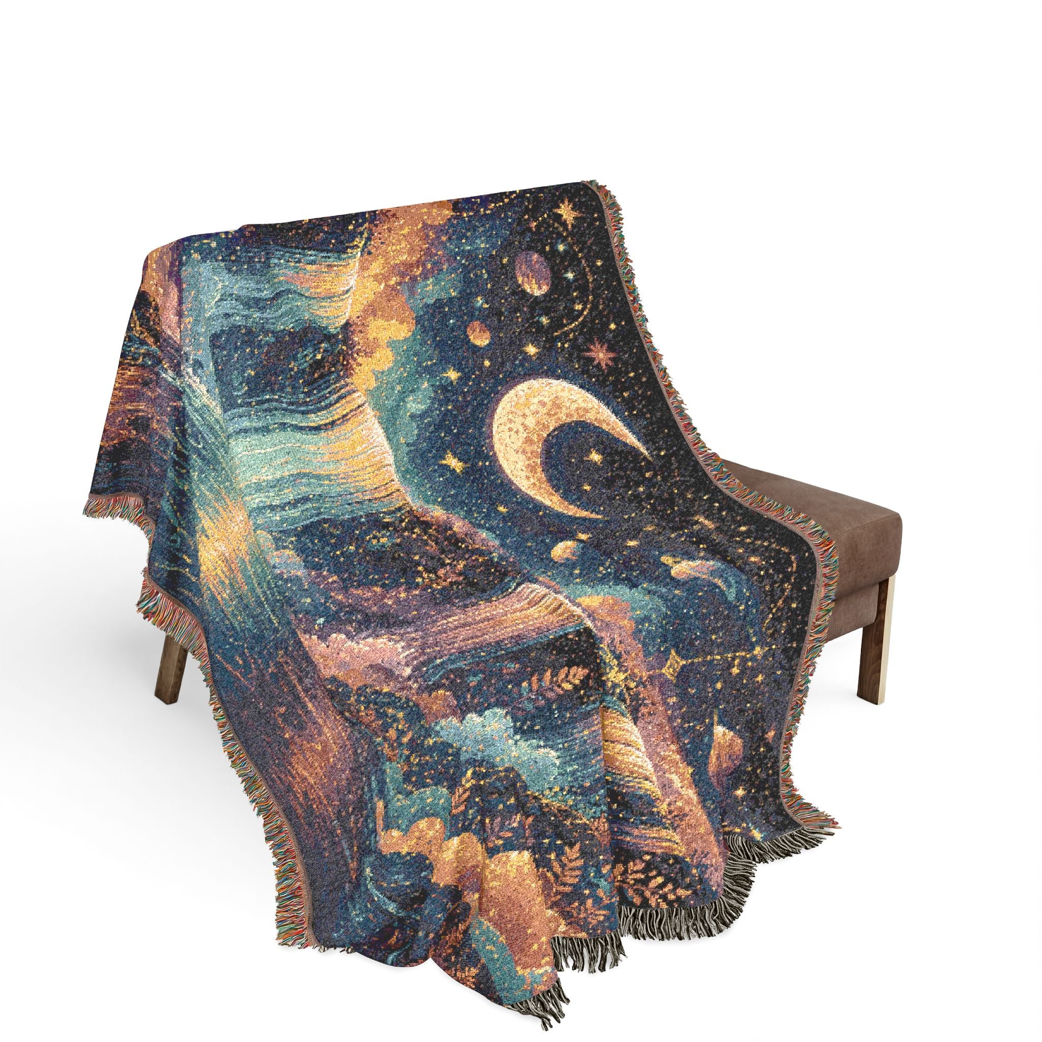 Celestial Moon Waterfall Woven Blanket | Night Sky Tapestry Throw