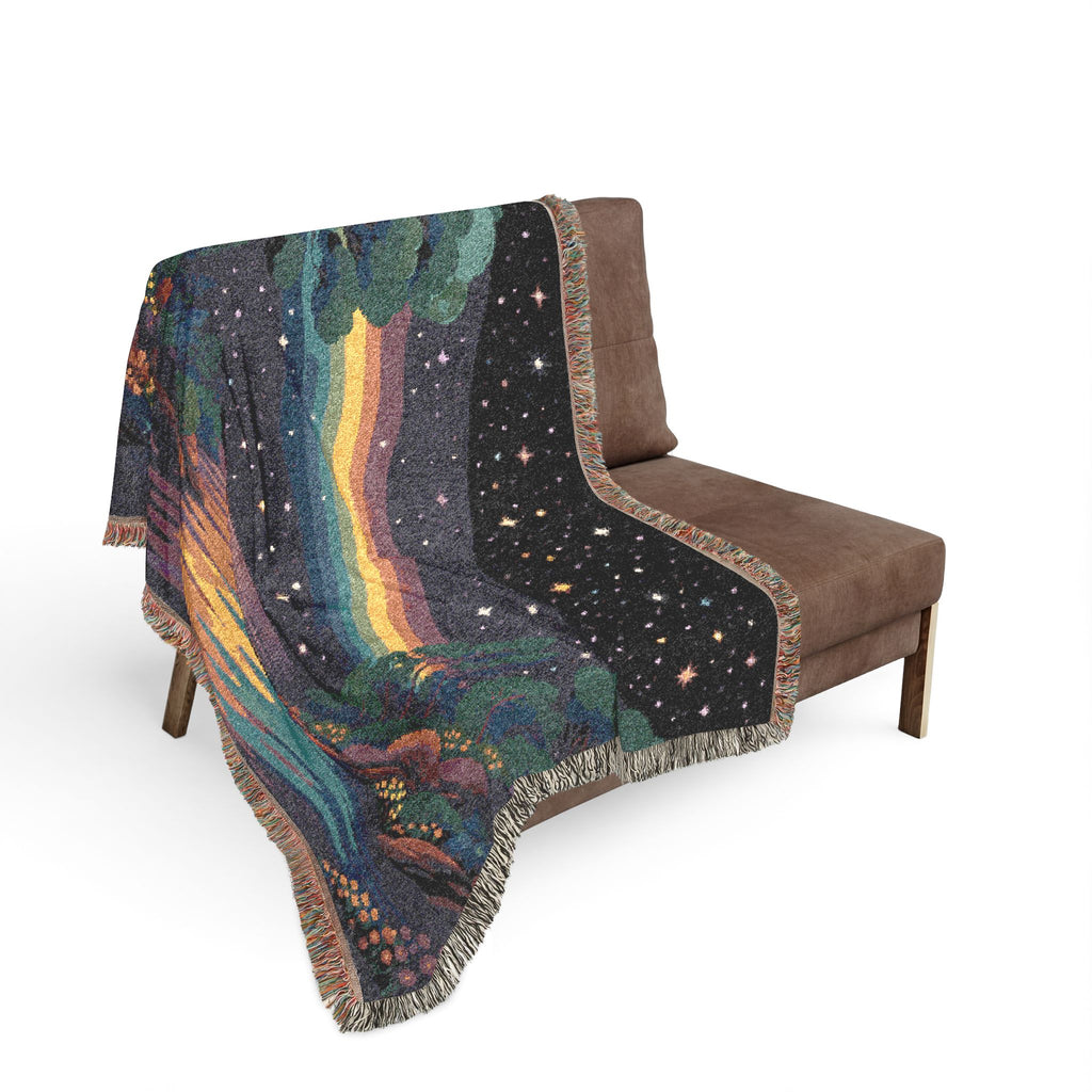 Pixel Rainbow Nightscape Woven Blanket | Starry Lake Scenic Throw